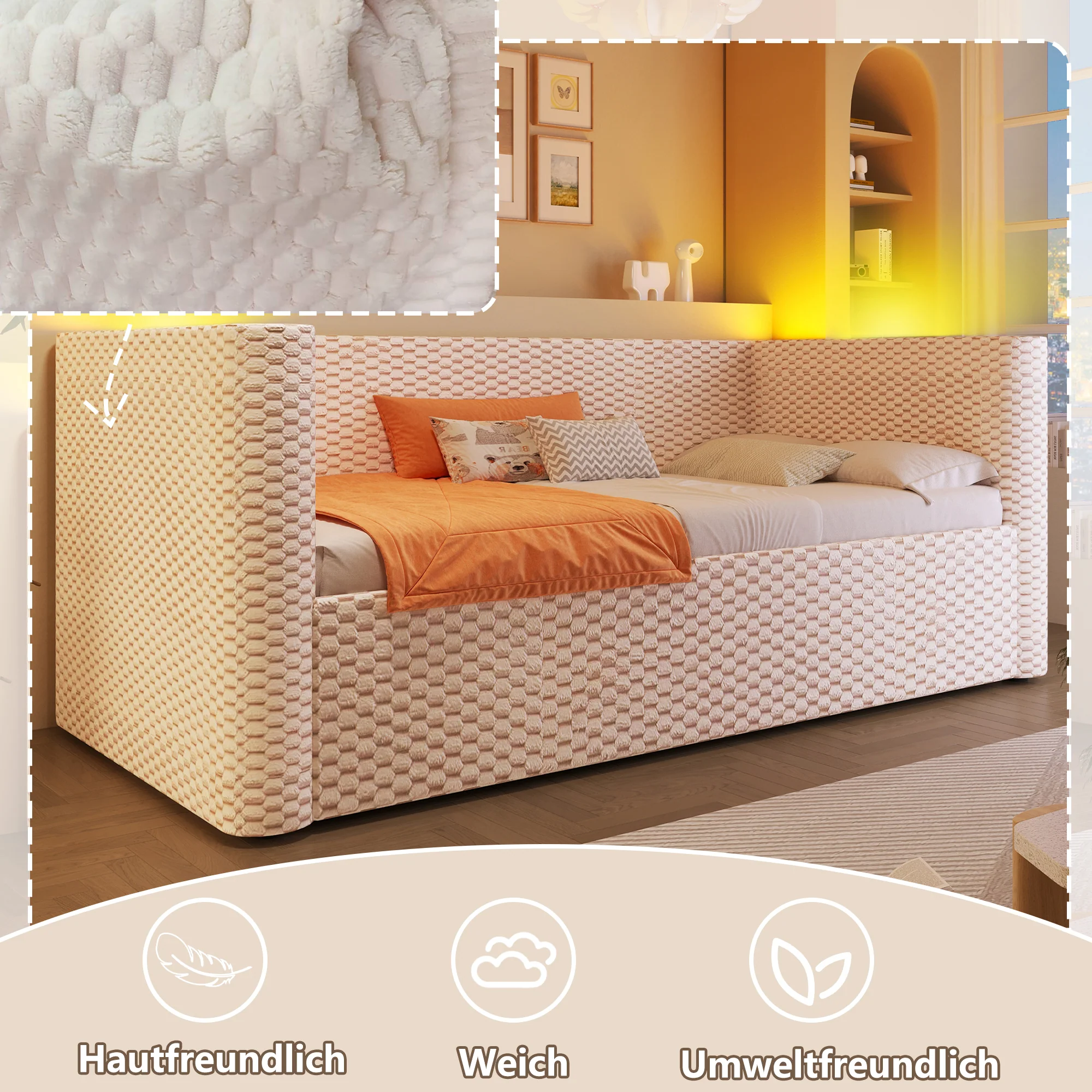 Daybed Sofa Bed 90x200cm Hydraulic Storage LED Lighting Velvet Beige - Image 3