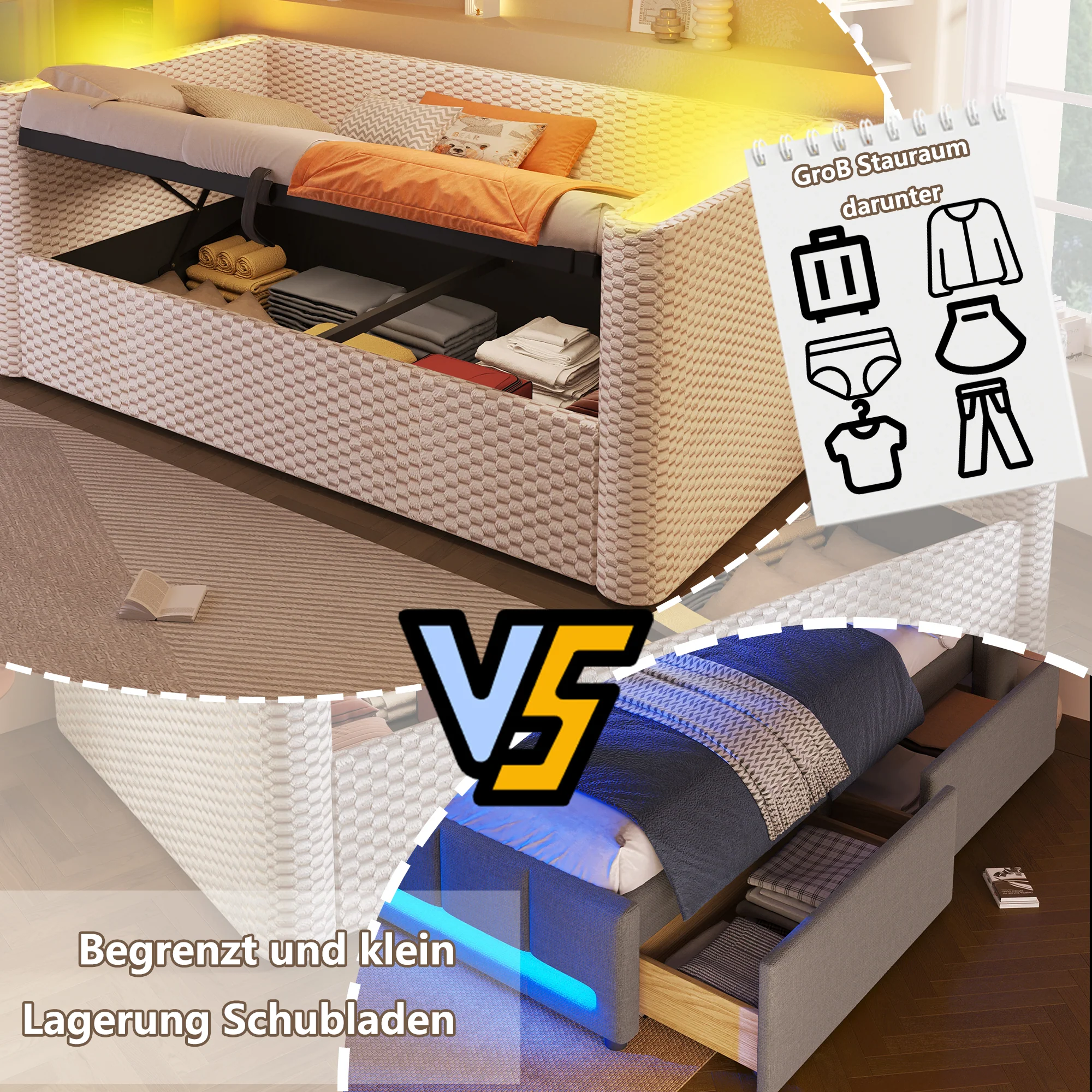 Daybed Sofa Bed 90x200cm Hydraulic Storage LED Lighting Velvet Beige - Image 4