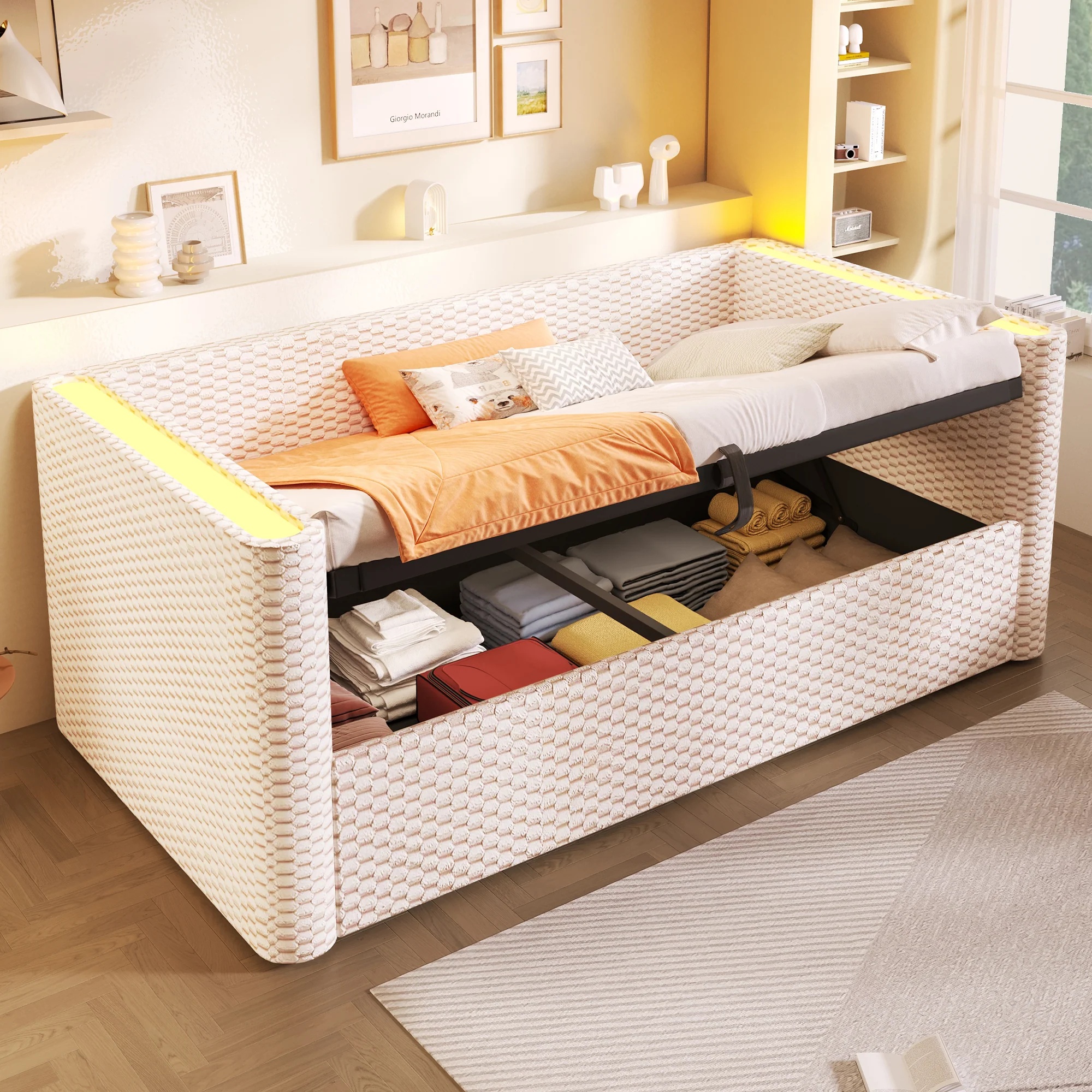 Daybed Sofa Bed 90x200cm Hydraulic Storage LED Lighting Velvet Beige - Image 6