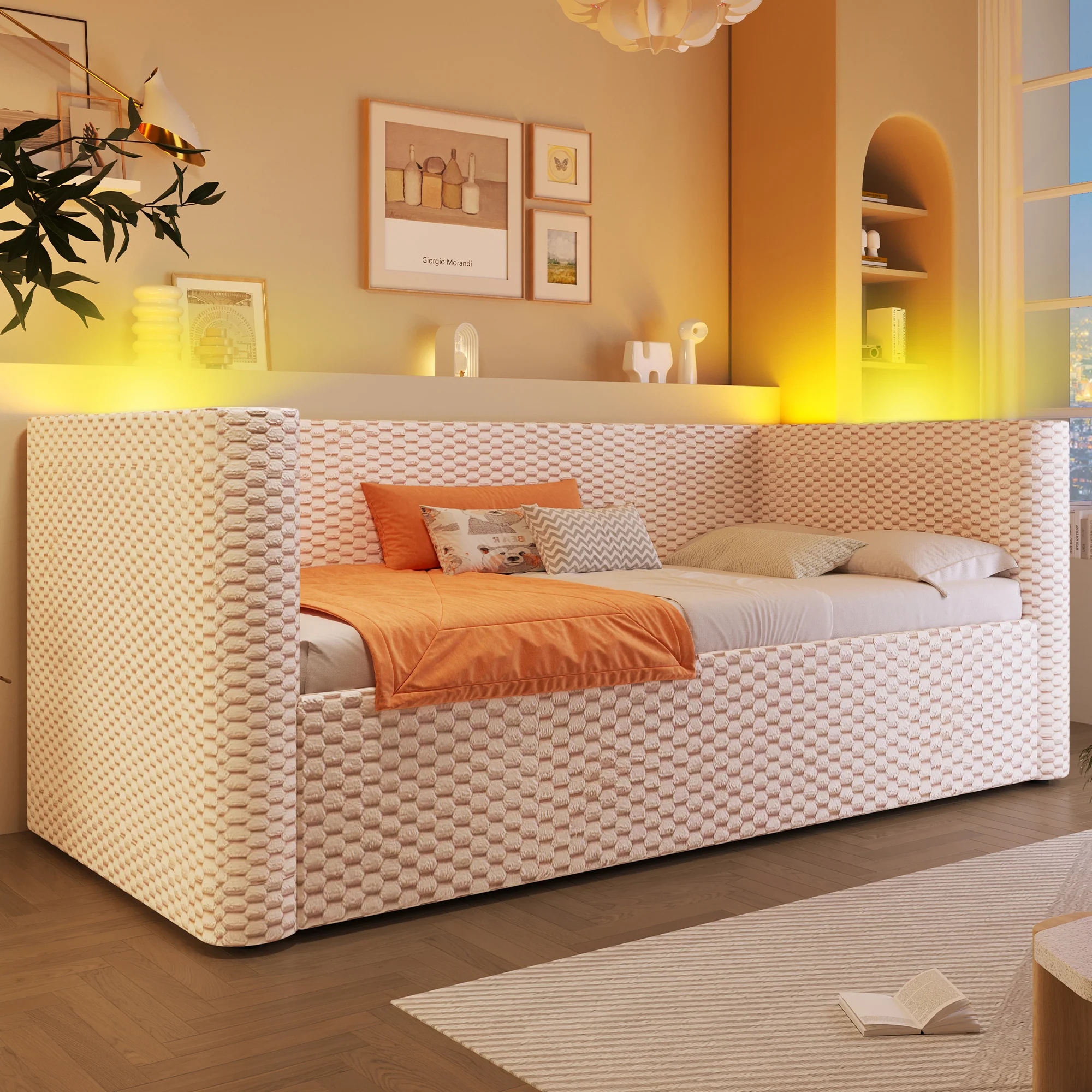Daybed Sofa Bed 90x200cm Hydraulic Storage LED Lighting Velvet Beige - Image 7