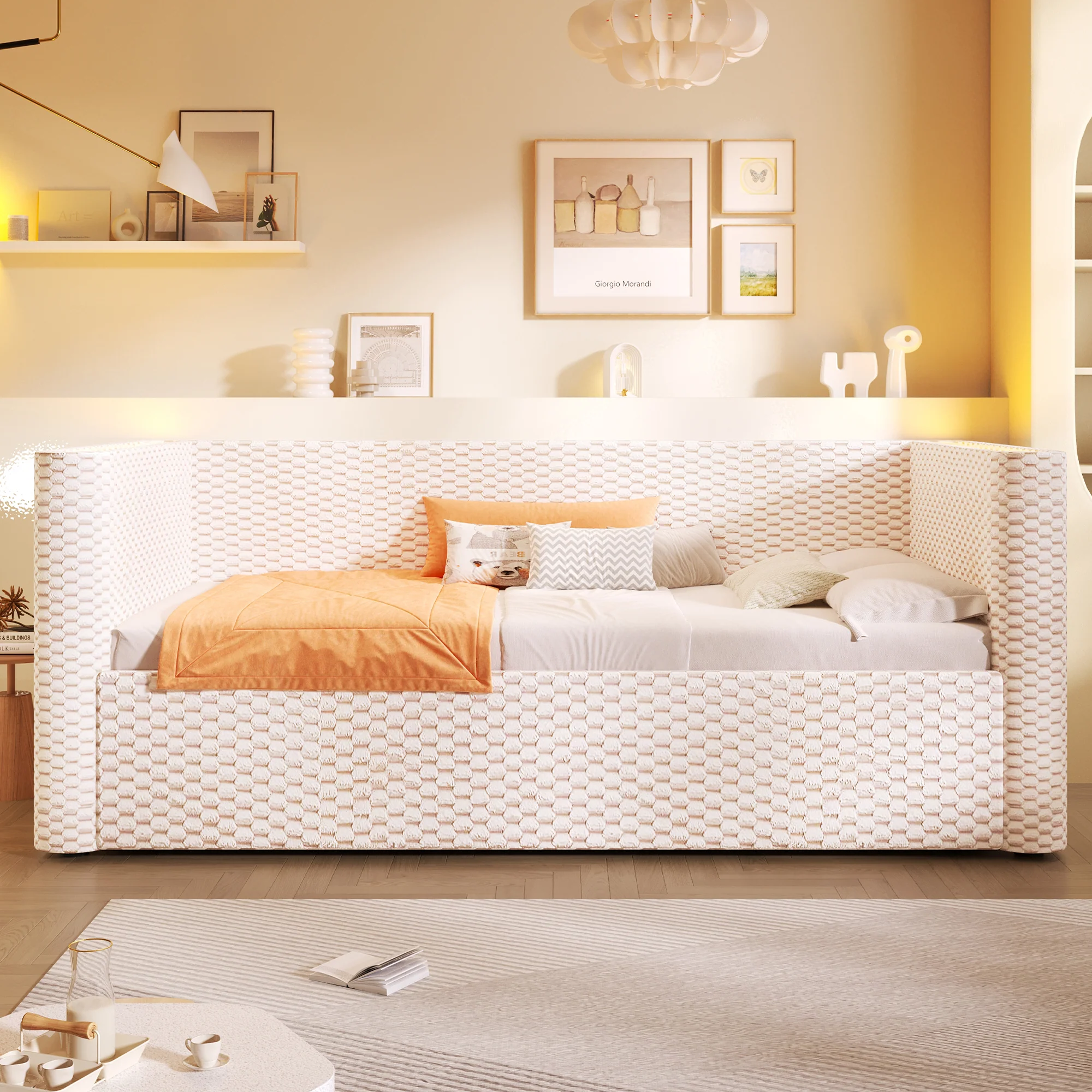 Daybed Sofa Bed 90x200cm Hydraulic Storage LED Lighting Velvet Beige - Image 8