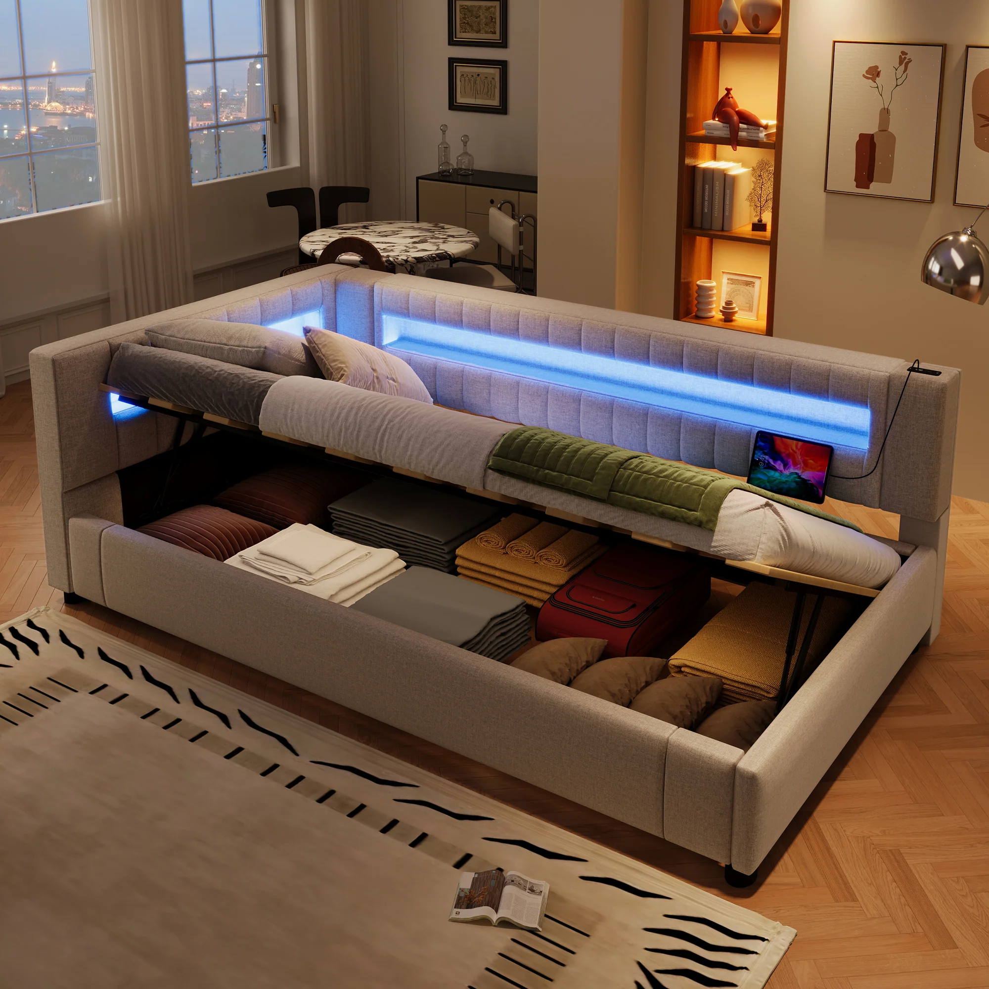 Daybed Sofa Bed 90x200cm Hydraulic Storage LED USB/Type-C - Linen Beige