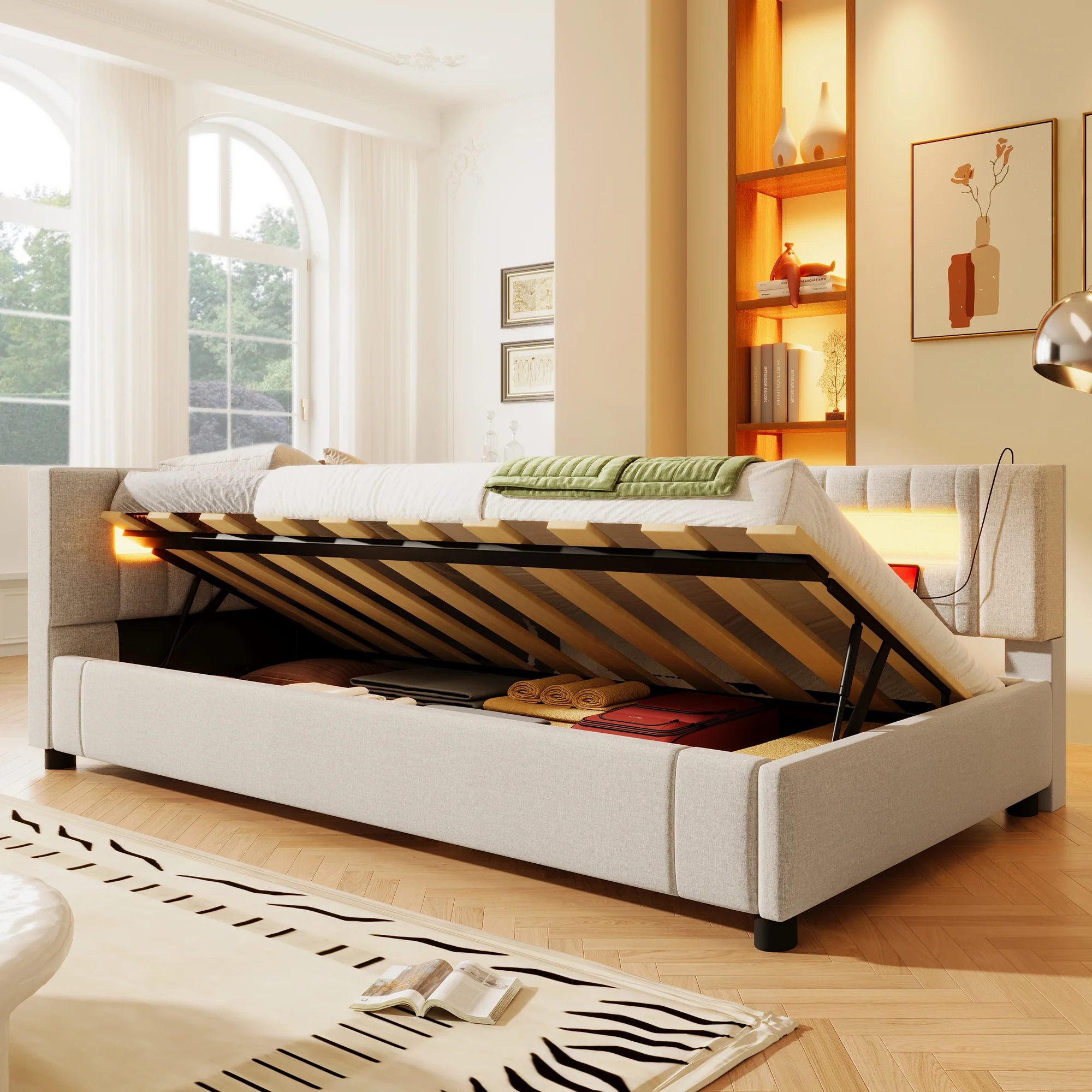 Daybed Sofa Bed 90x200cm Hydraulic Storage LED USB/Type-C - Linen Beige - Image 4