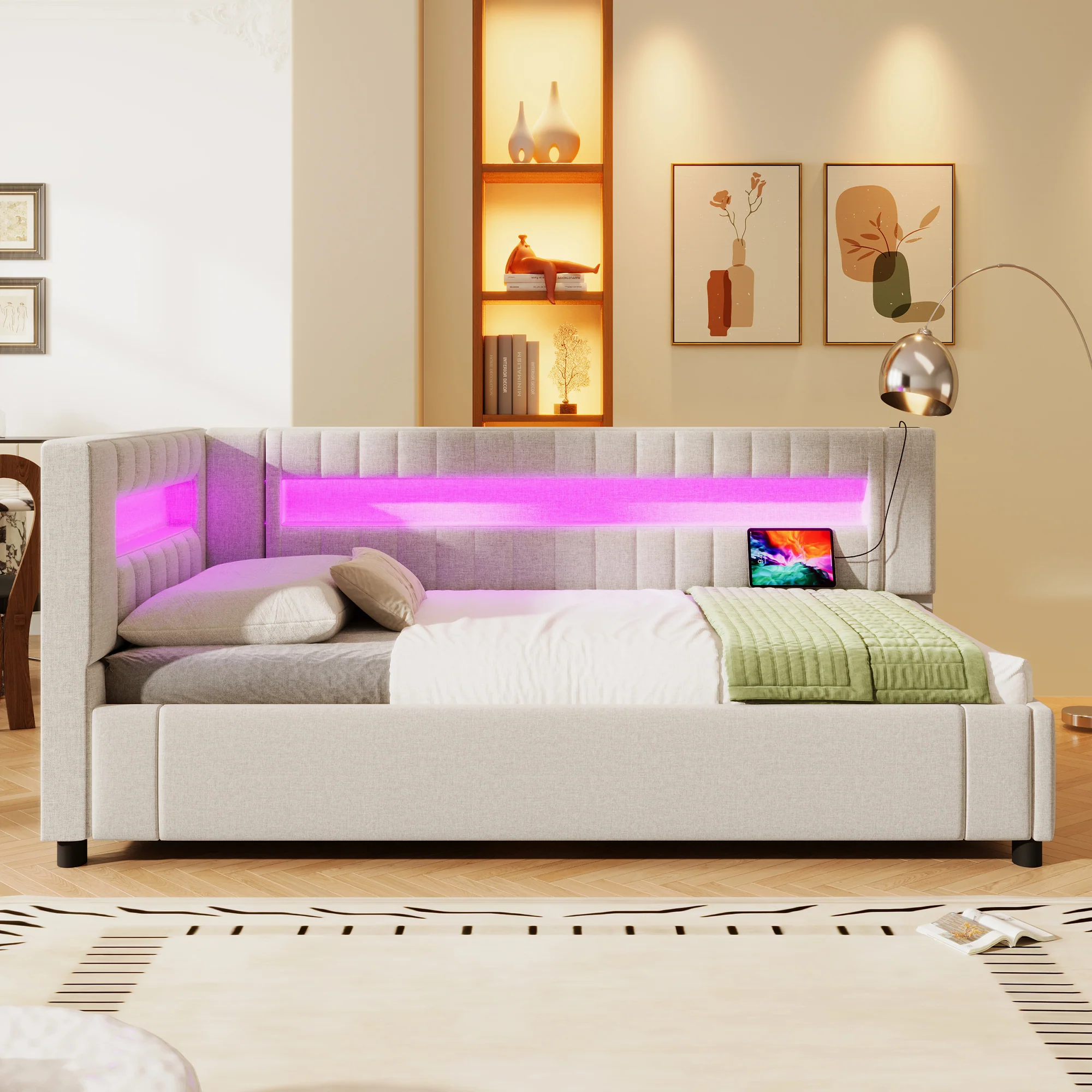 Daybed Sofa Bed 90x200cm Hydraulic Storage LED USB/Type-C - Linen Beige - Image 5