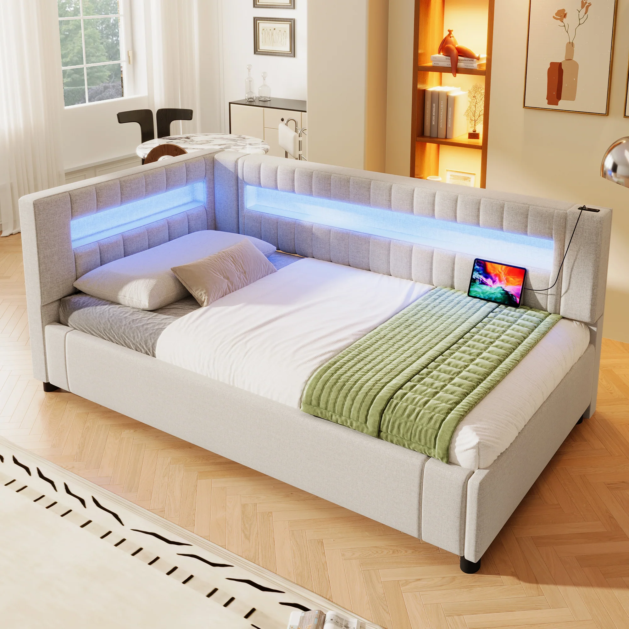 Daybed Sofa Bed 90x200cm Hydraulic Storage LED USB/Type-C - Linen Beige - Image 6