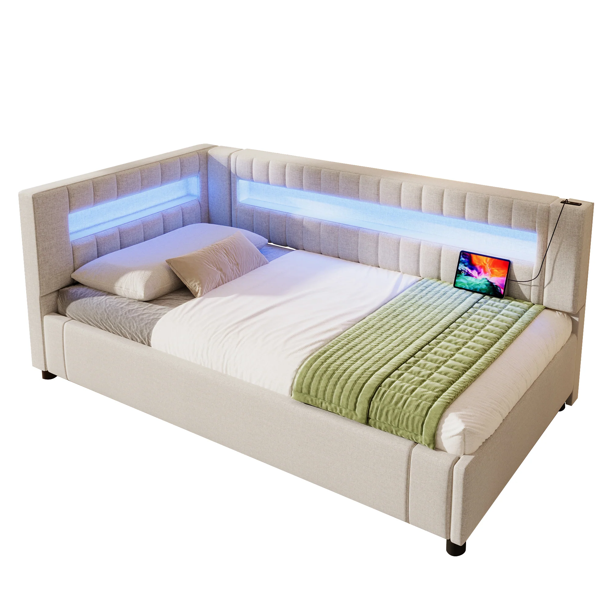Daybed Sofa Bed 90x200cm Hydraulic Storage LED USB/Type-C - Linen Beige - Image 7