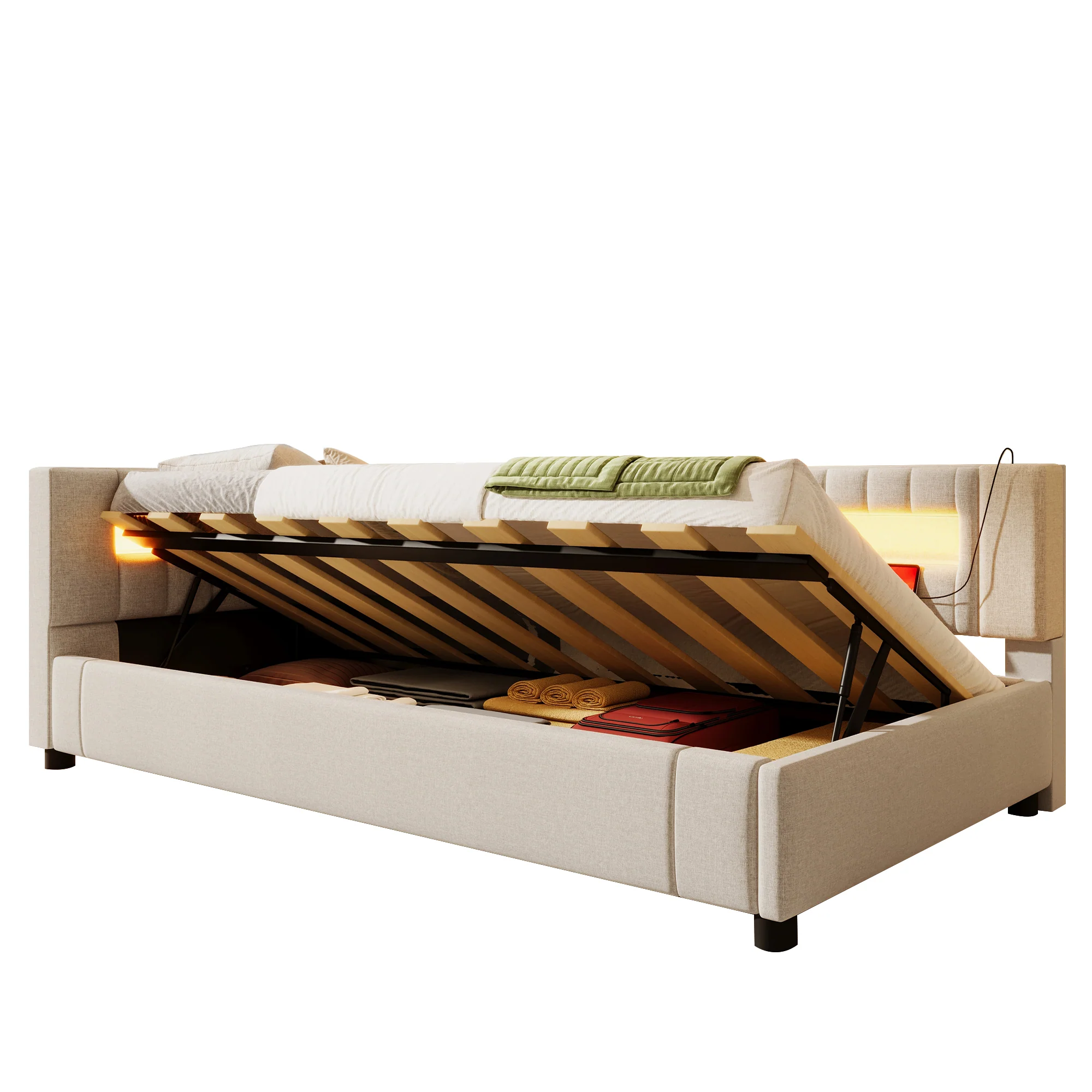 Daybed Sofa Bed 90x200cm Hydraulic Storage LED USB/Type-C - Linen Beige - Image 8