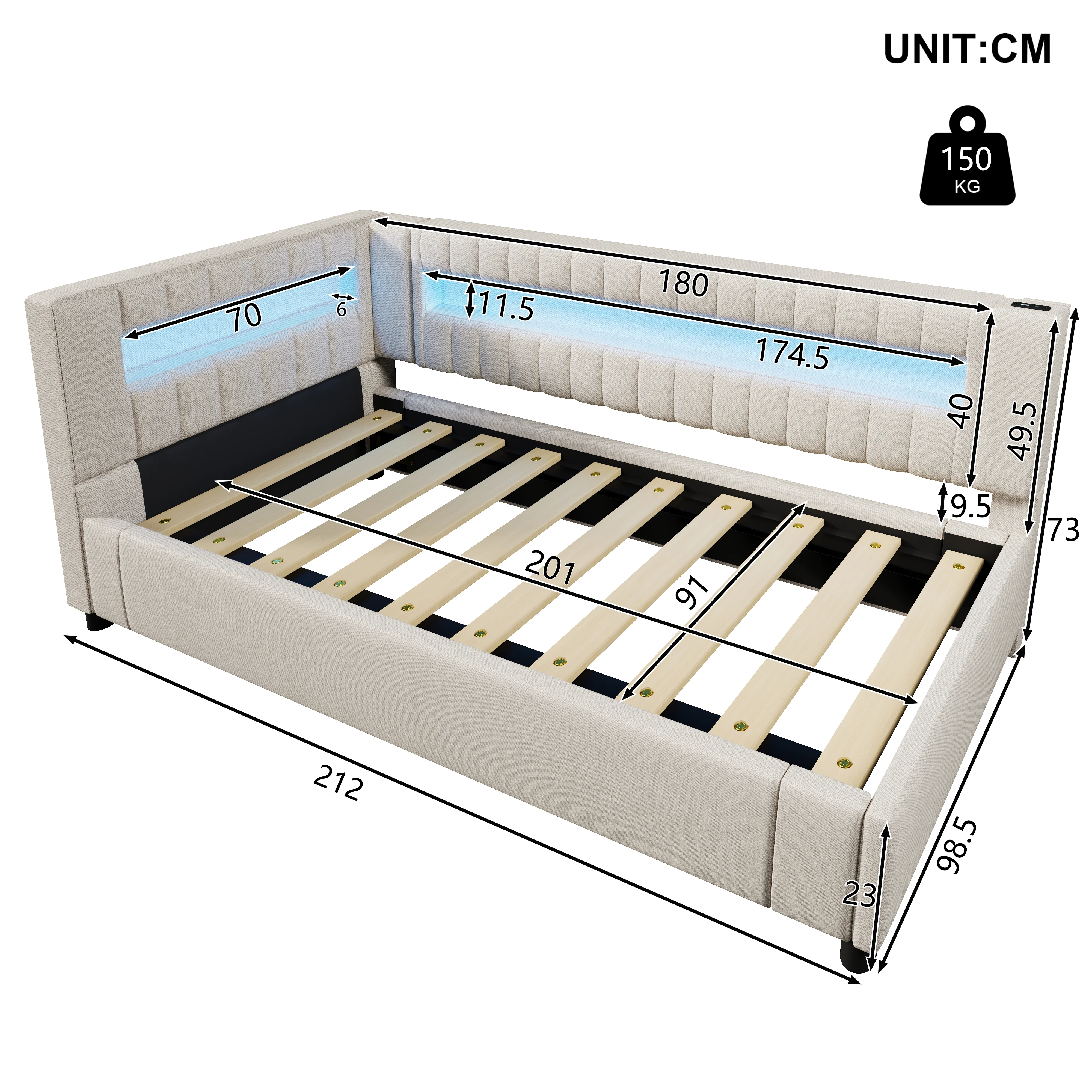 Daybed Sofa Bed 90x200cm Hydraulic Storage LED USB/Type-C - Linen Beige - Image 9