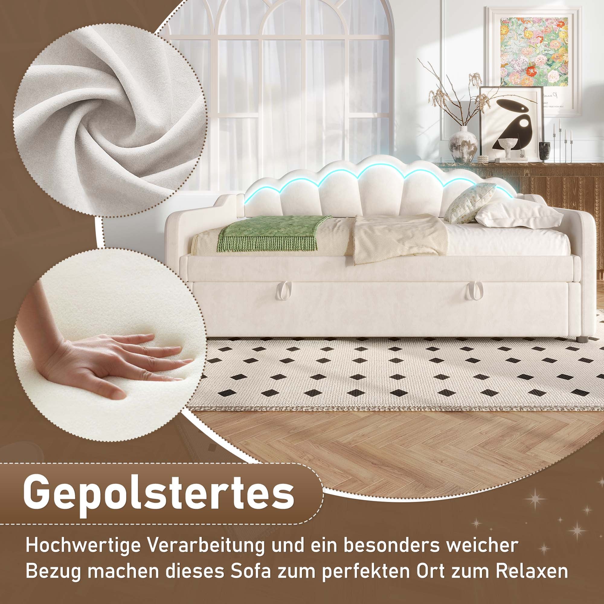 Daybed Sofa Bed 90x200cm Hydraulic Storage LED - Velvet Beige - Image 9