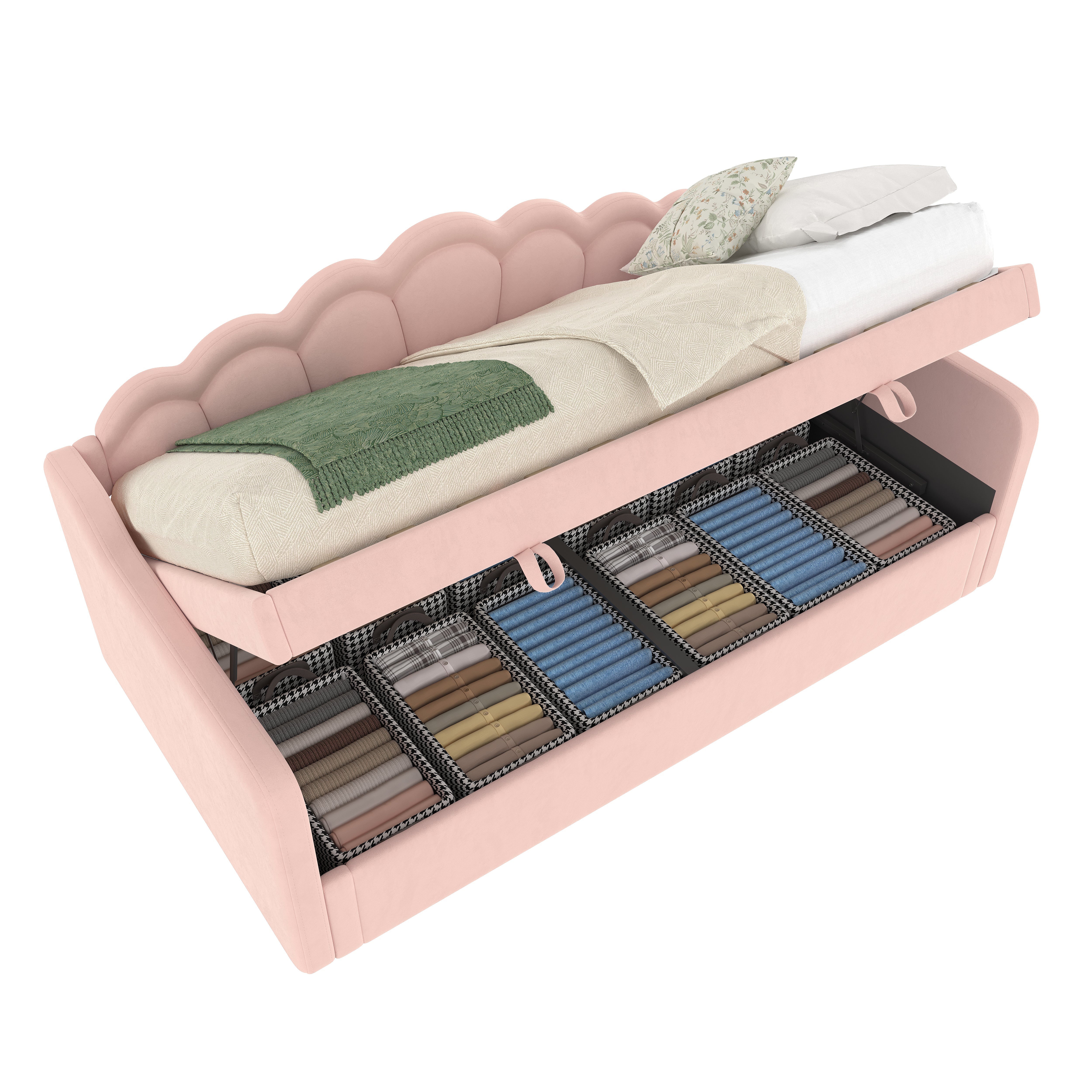 Daybed Sofa Bed 90x200cm Hydraulic Storage LED - Velvet Pink - Image 7