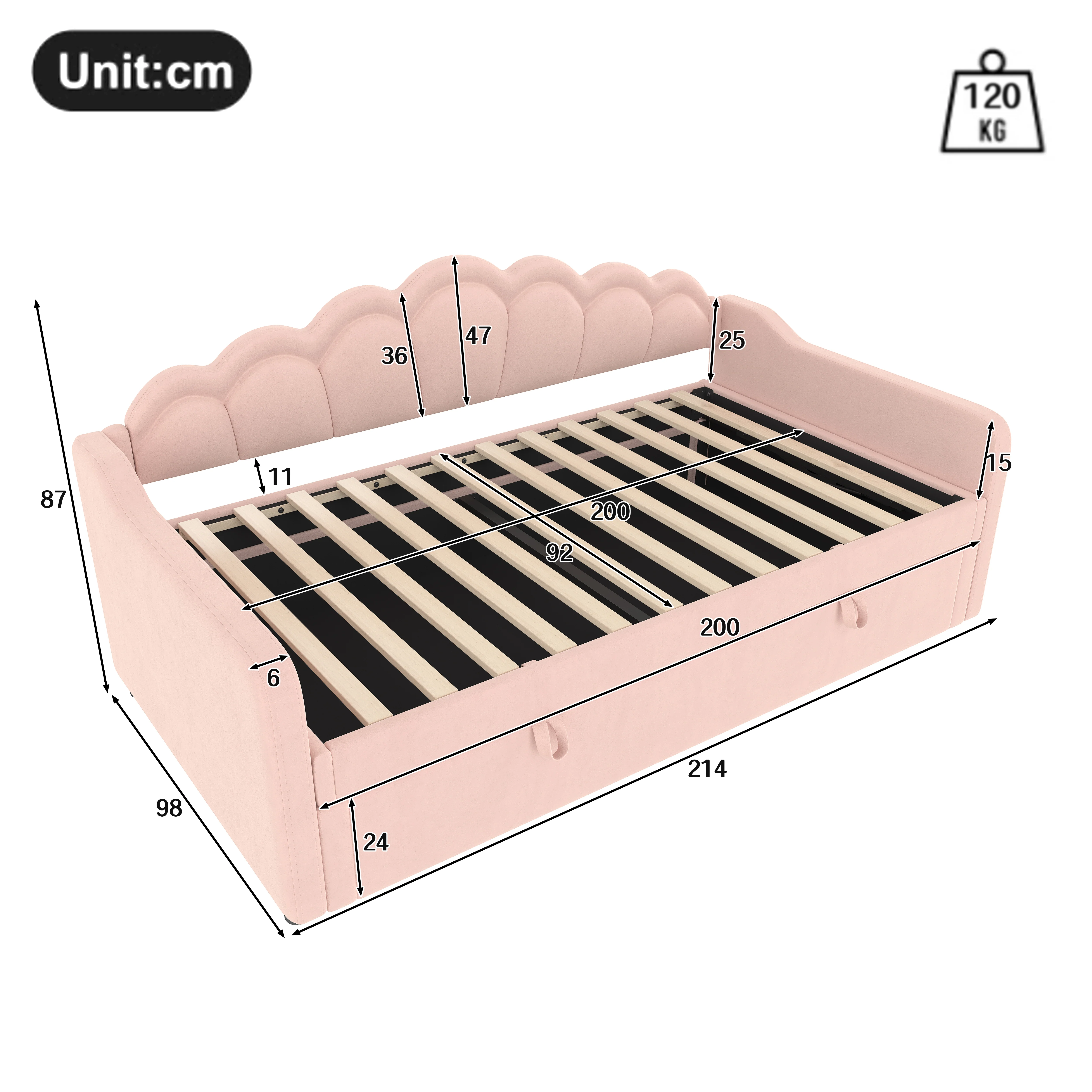 Daybed Sofa Bed 90x200cm Hydraulic Storage LED - Velvet Pink - Image 8
