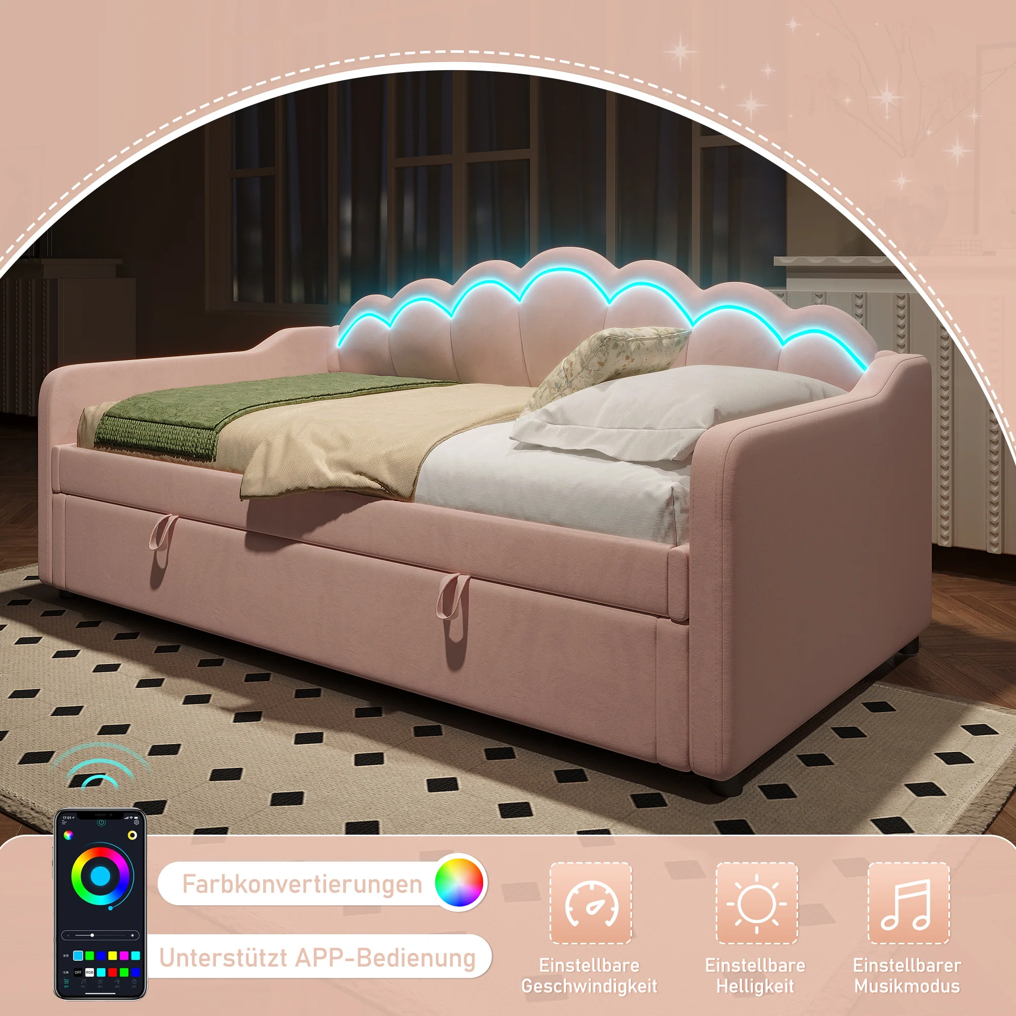 Daybed Sofa Bed 90x200cm Hydraulic Storage LED - Velvet Pink - Image 9