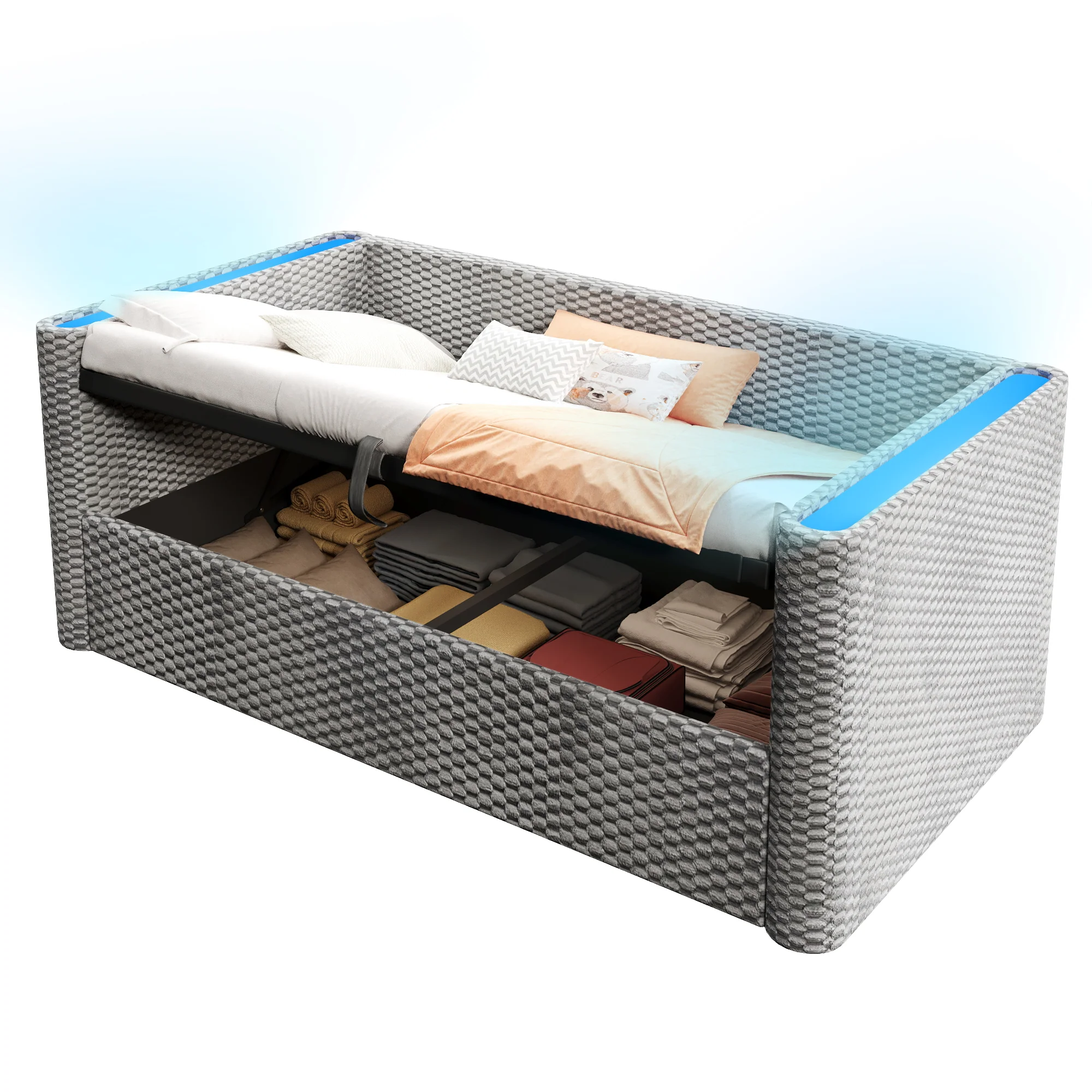 Daybed Sofa Bed 90x200cm LED Light Hydraulic Storage Velvet Grey - Image 10