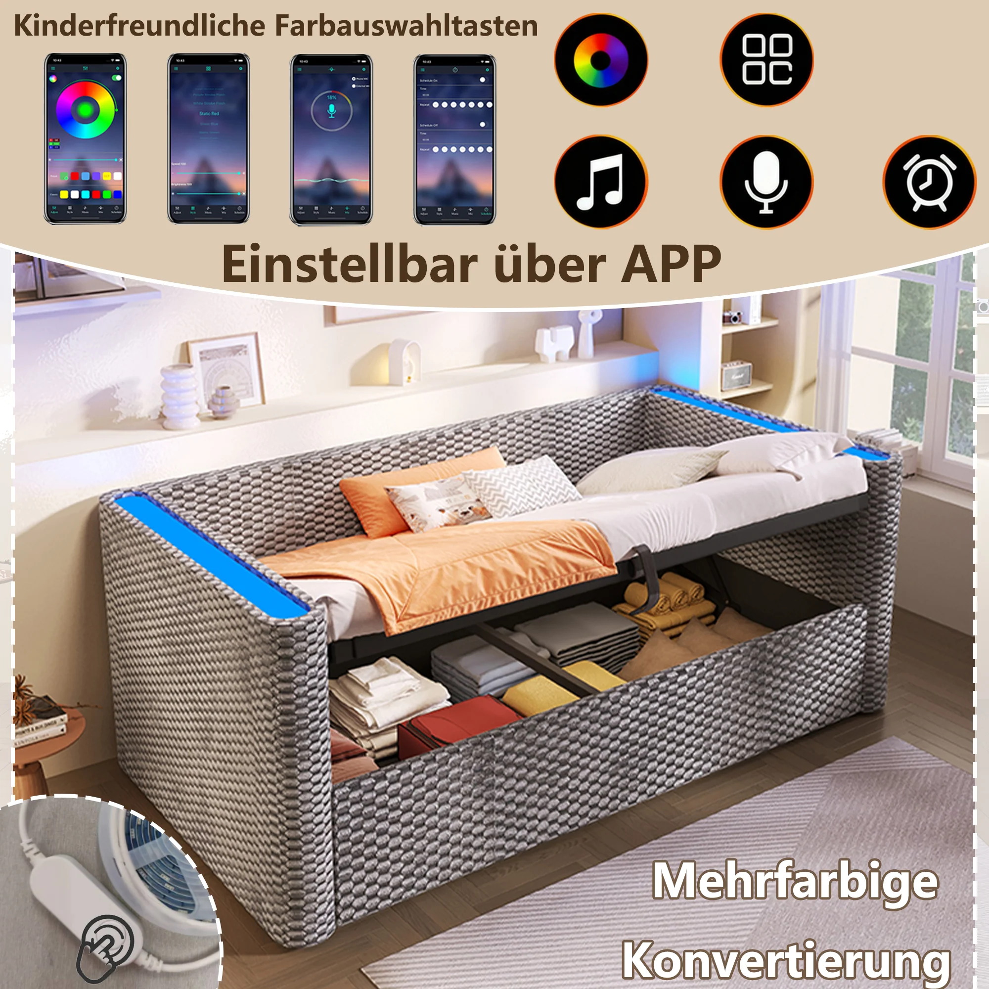 Daybed Sofa Bed 90x200cm LED Light Hydraulic Storage Velvet Grey - Image 2