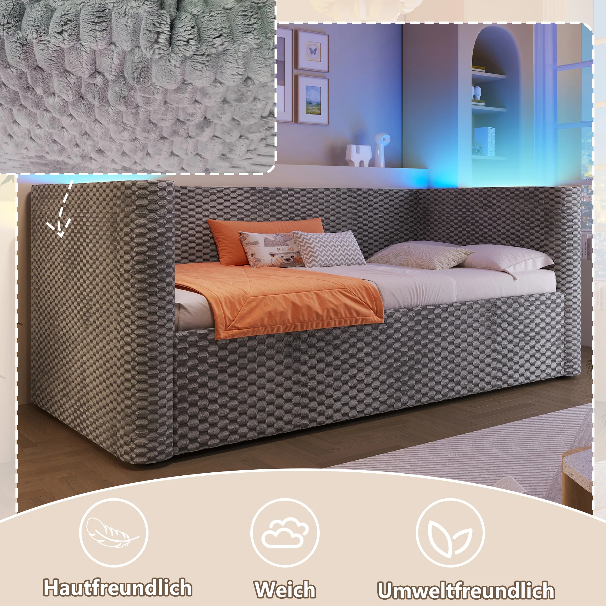 Daybed Sofa Bed 90x200cm LED Light Hydraulic Storage Velvet Grey - Image 3