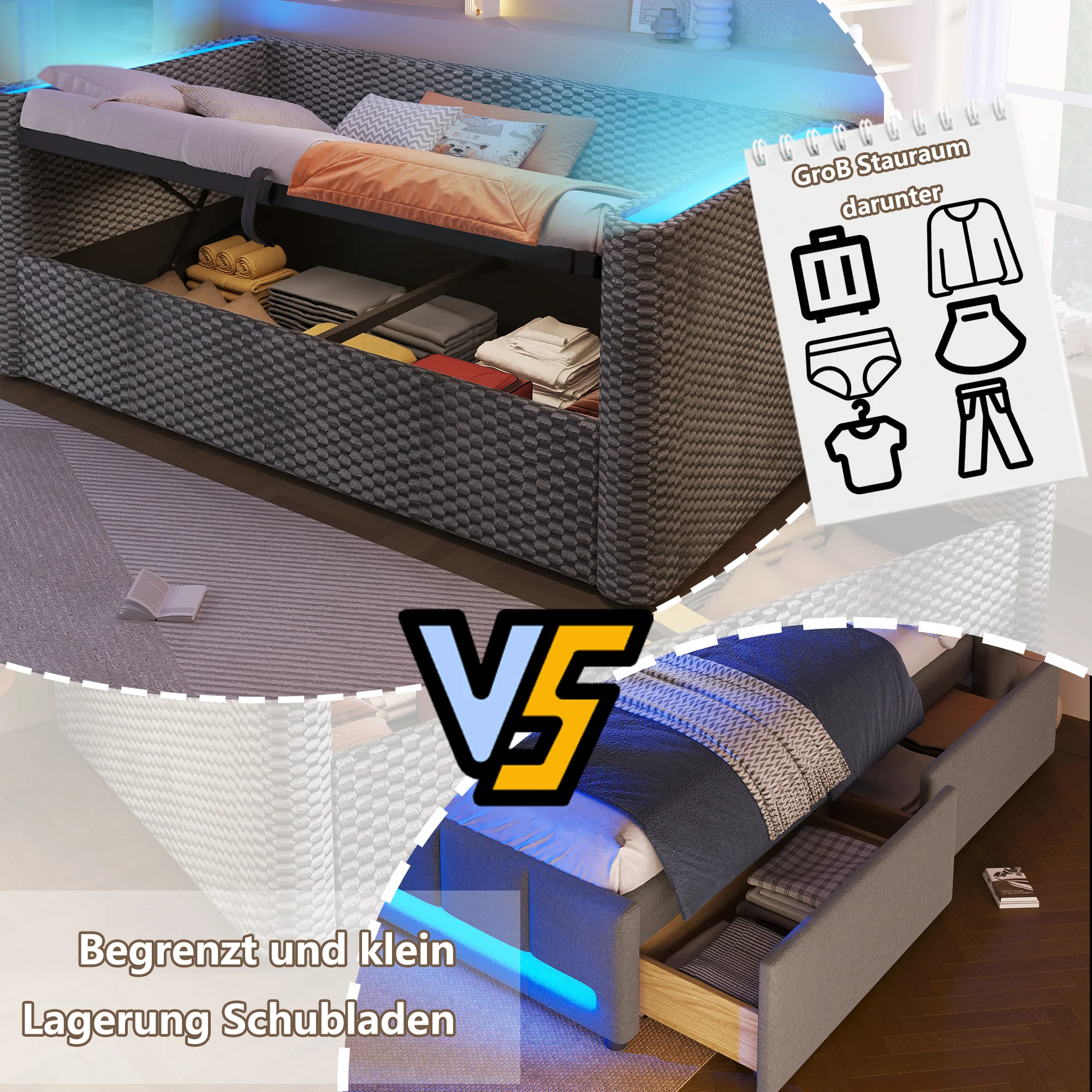 Daybed Sofa Bed 90x200cm LED Light Hydraulic Storage Velvet Grey - Image 4