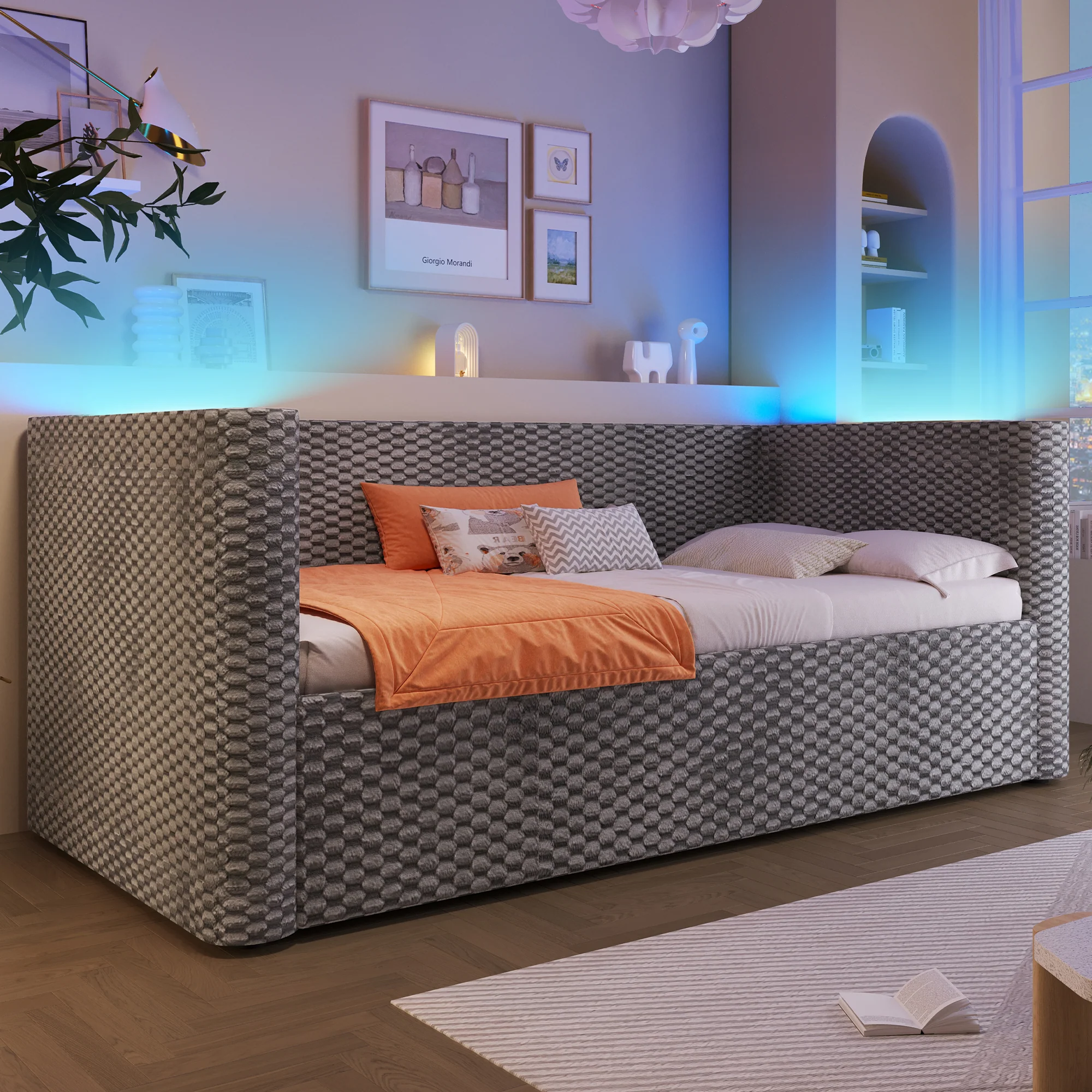 Daybed Sofa Bed 90x200cm LED Light Hydraulic Storage Velvet Grey - Image 6