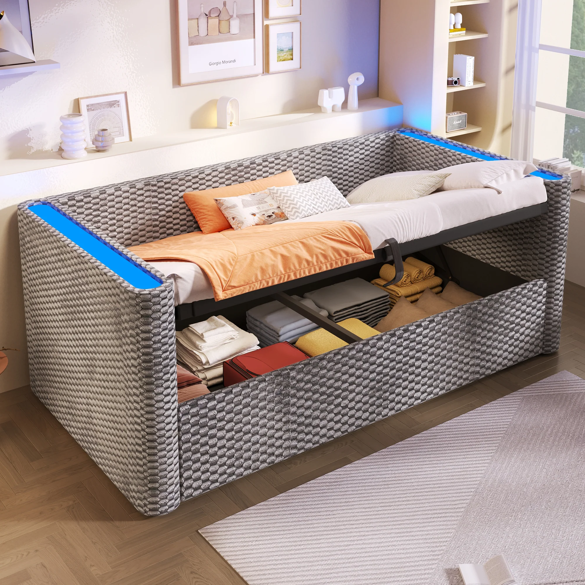 Daybed Sofa Bed 90x200cm LED Light Hydraulic Storage Velvet Grey - Image 7