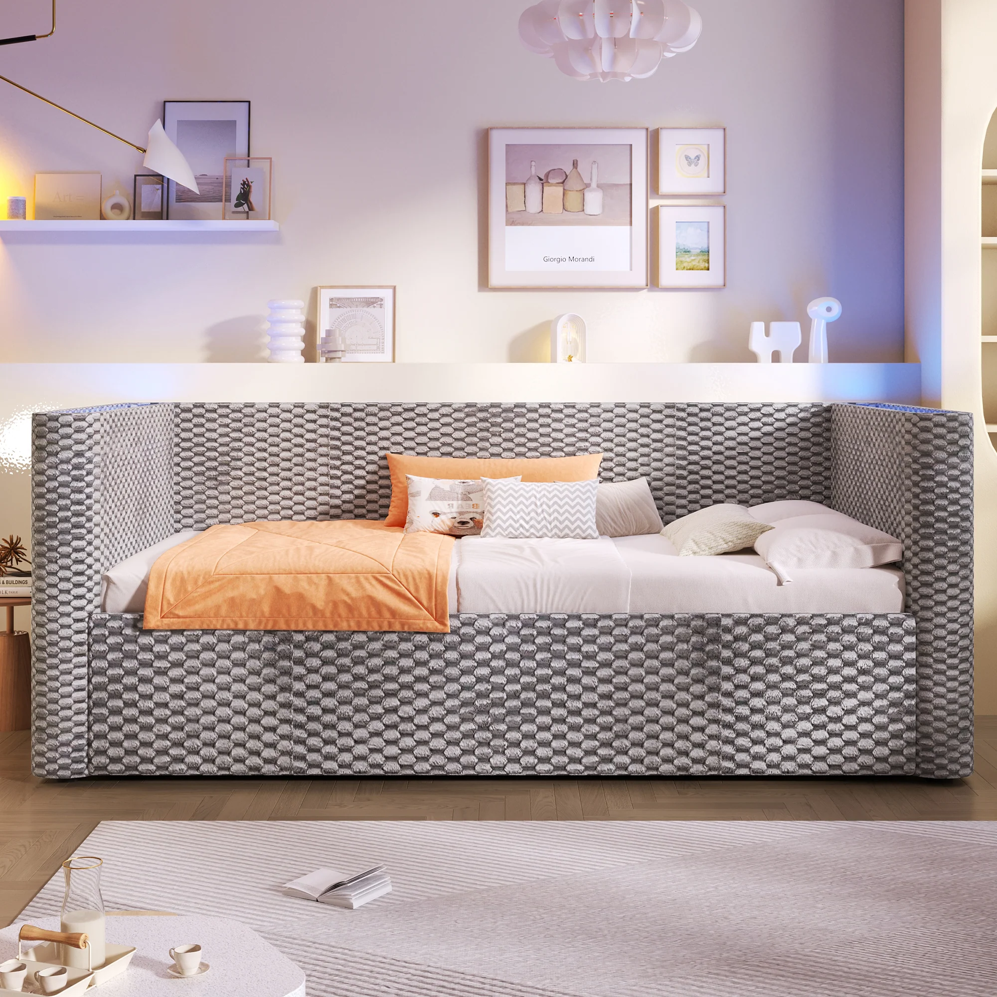 Daybed Sofa Bed 90x200cm LED Light Hydraulic Storage Velvet Grey - Image 8