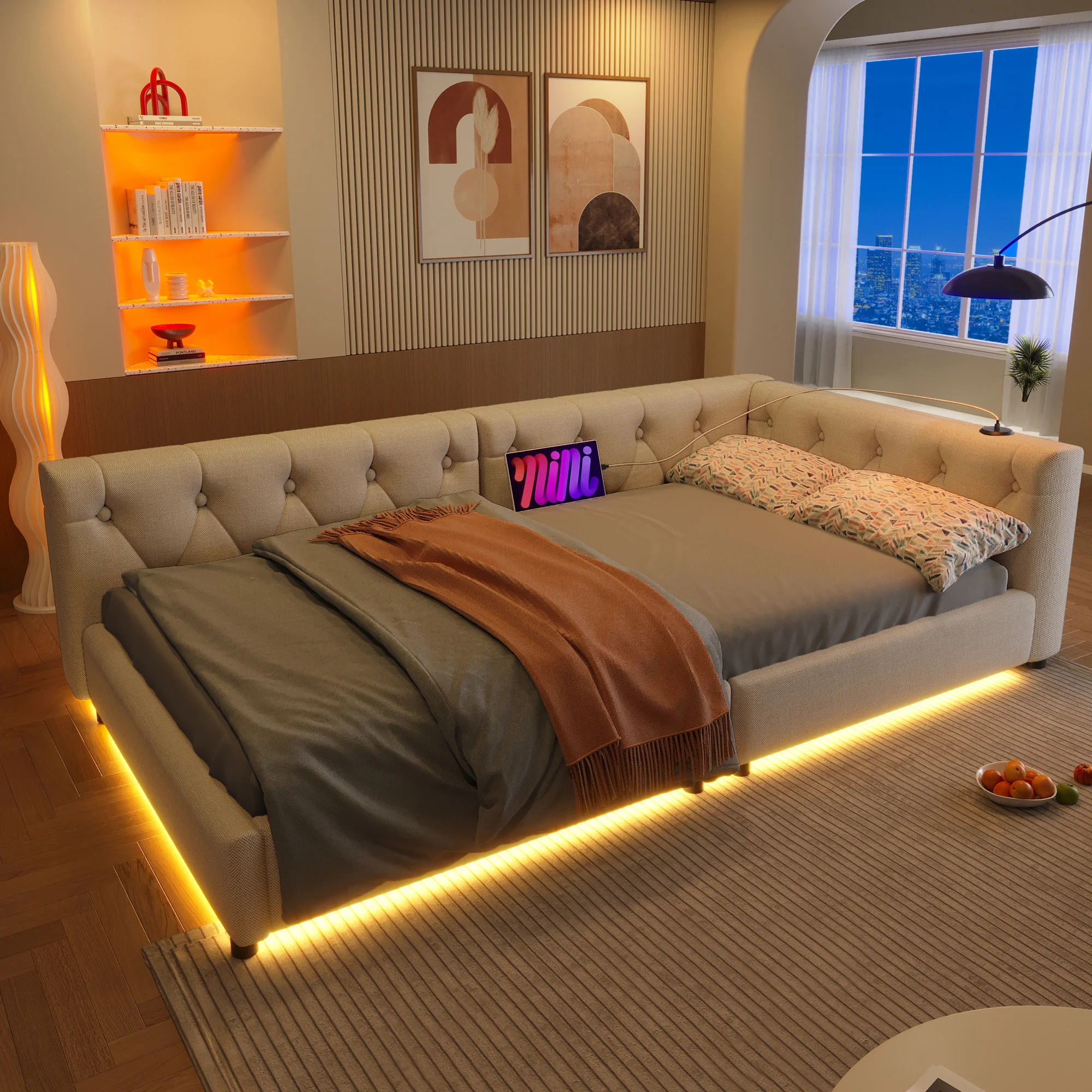 Daybed Sofa Bed 90x200cm LED Light USB/Type-C Button Tufting - Linen Beige