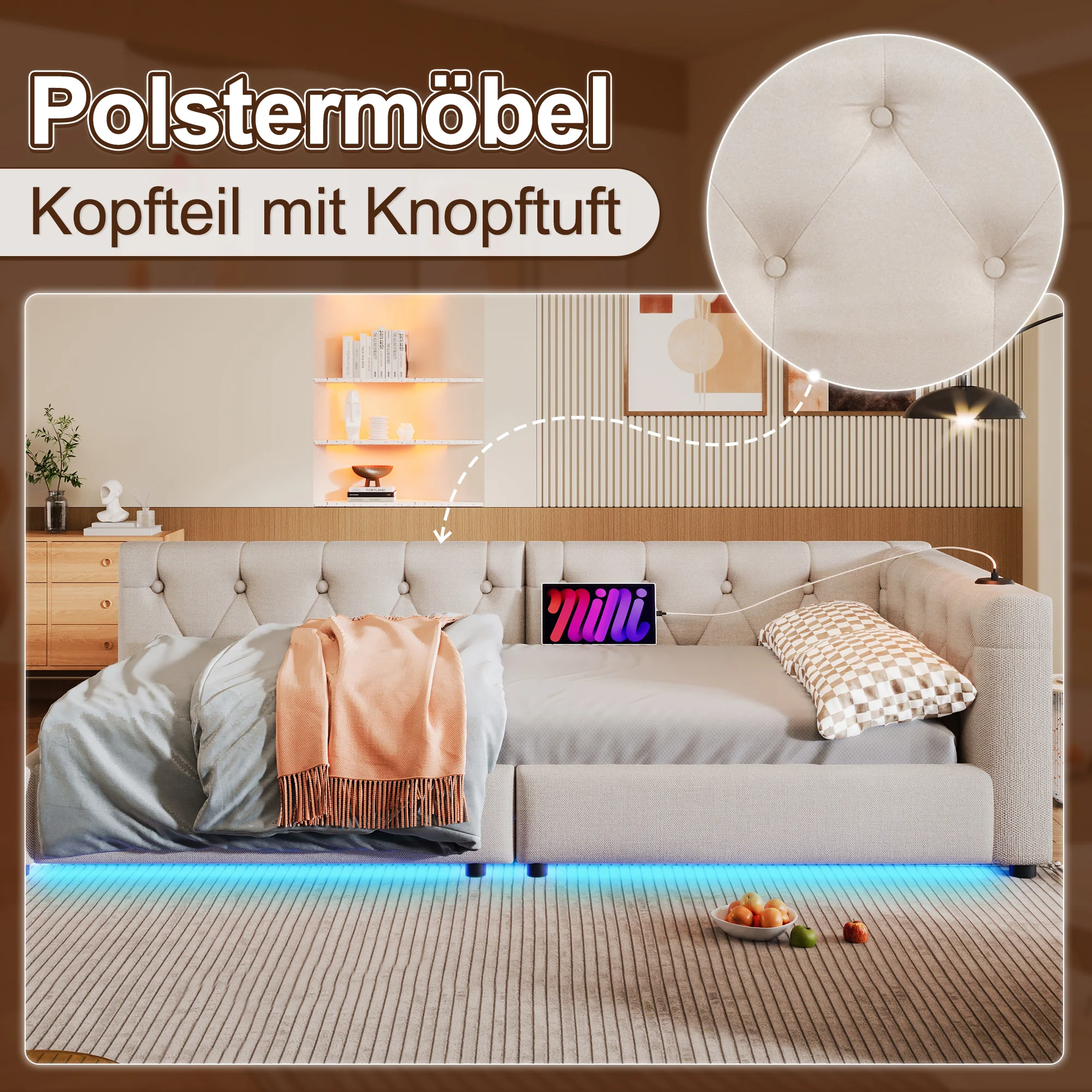 Daybed Sofa Bed 90x200cm LED Light USB/Type-C Button Tufting - Linen Beige - Image 2