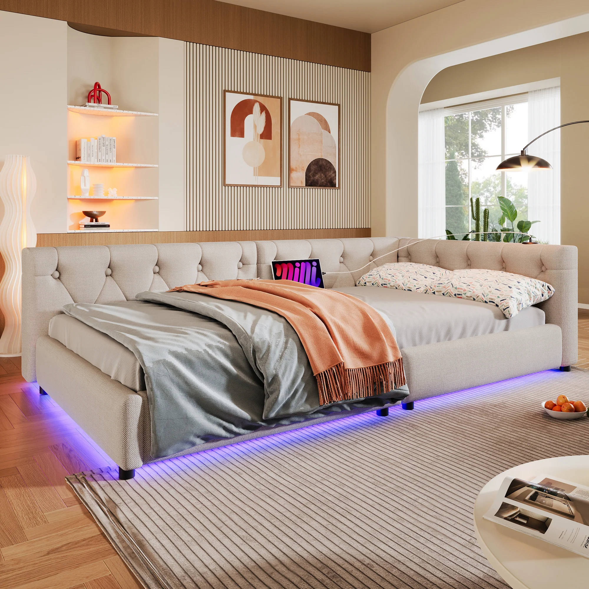 Daybed Sofa Bed 90x200cm LED Light USB/Type-C Button Tufting - Linen Beige - Image 3