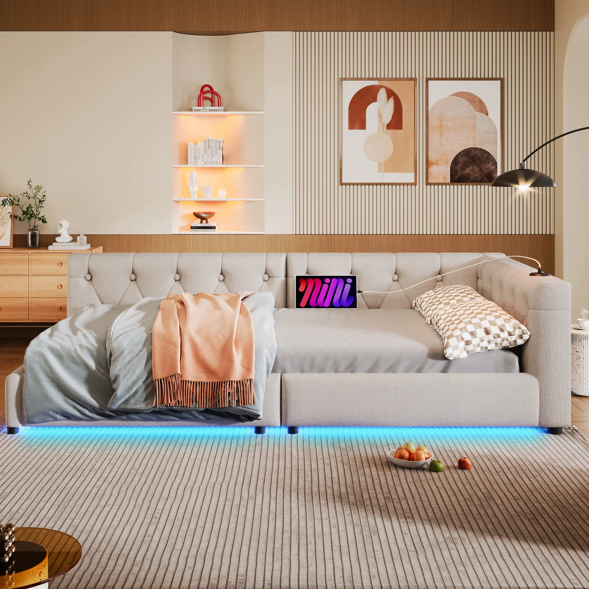 Daybed Sofa Bed 90x200cm LED Light USB/Type-C Button Tufting - Linen Beige - Image 4
