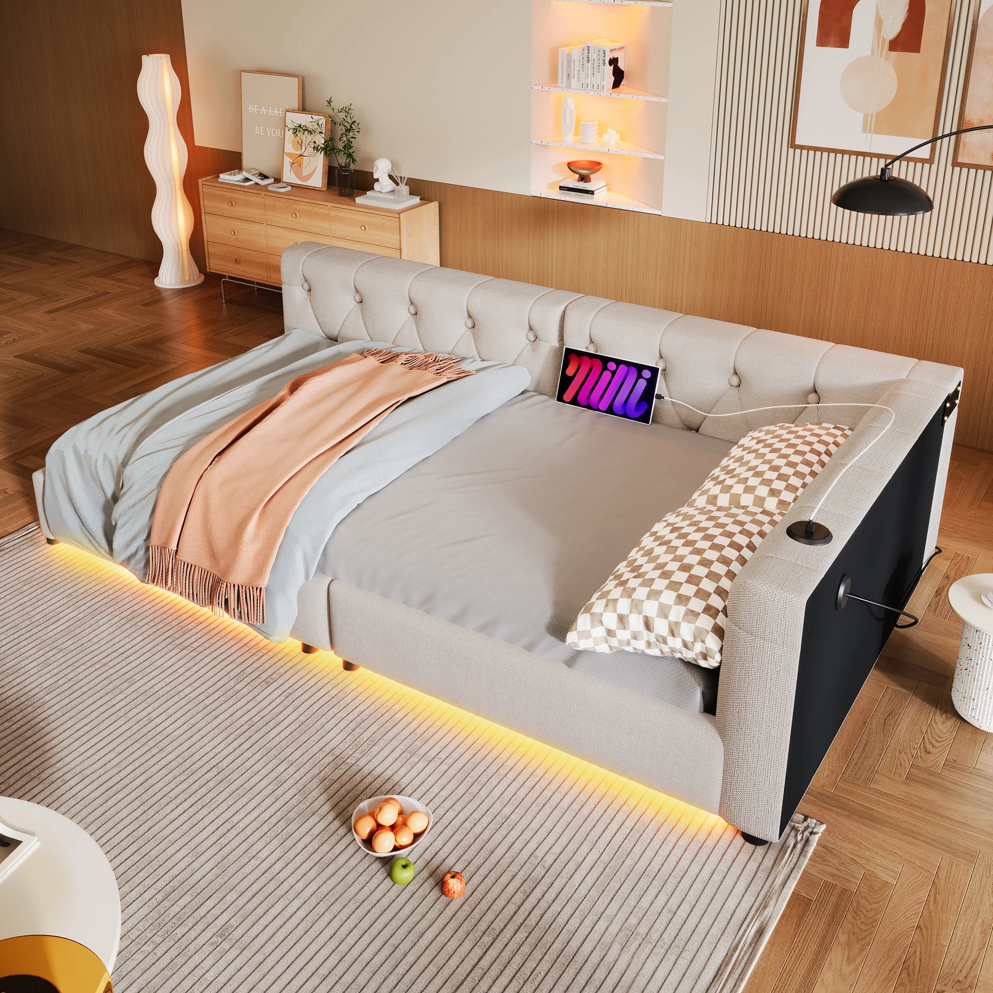 Daybed Sofa Bed 90x200cm LED Light USB/Type-C Button Tufting - Linen Beige - Image 5