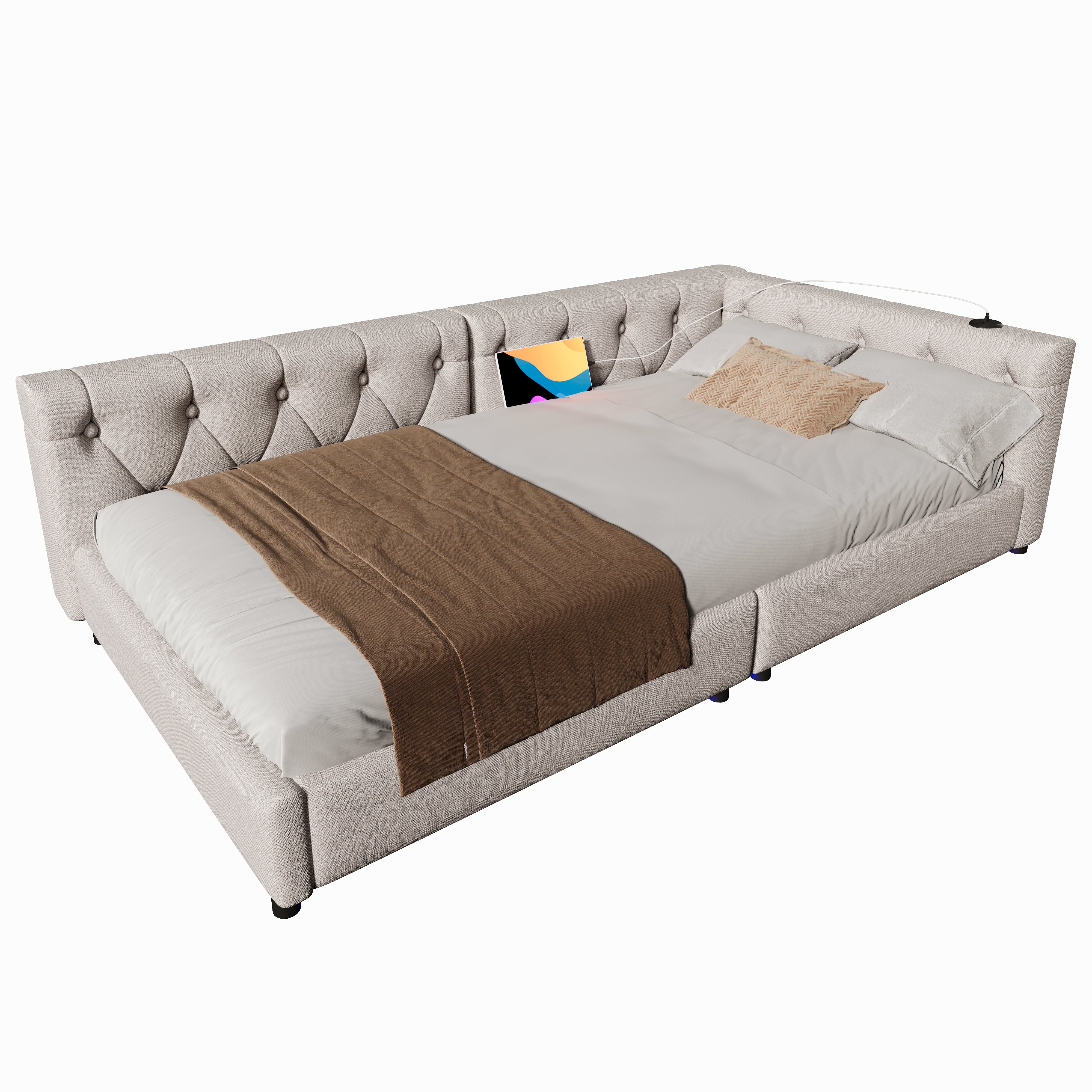 Daybed Sofa Bed 90x200cm LED Light USB/Type-C Button Tufting - Linen Beige - Image 6