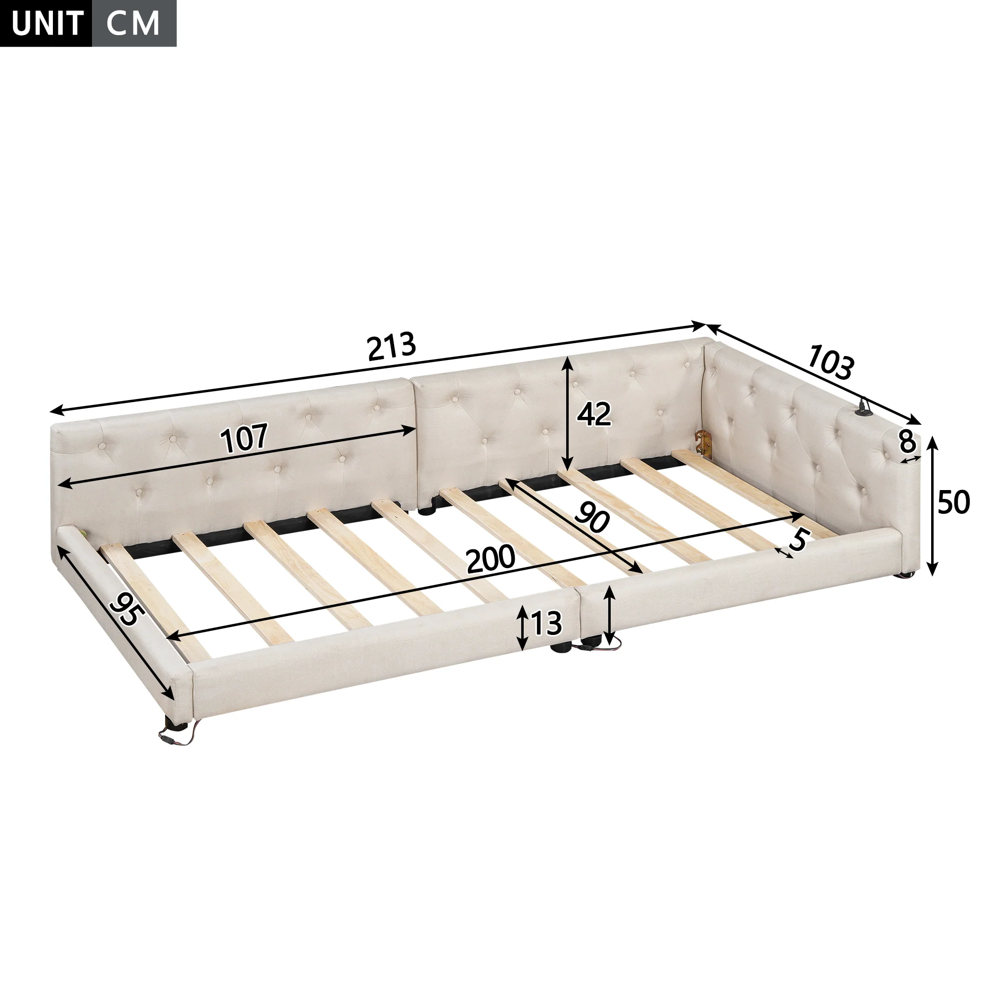 Daybed Sofa Bed 90x200cm LED Light USB/Type-C Button Tufting - Linen Beige - Image 7