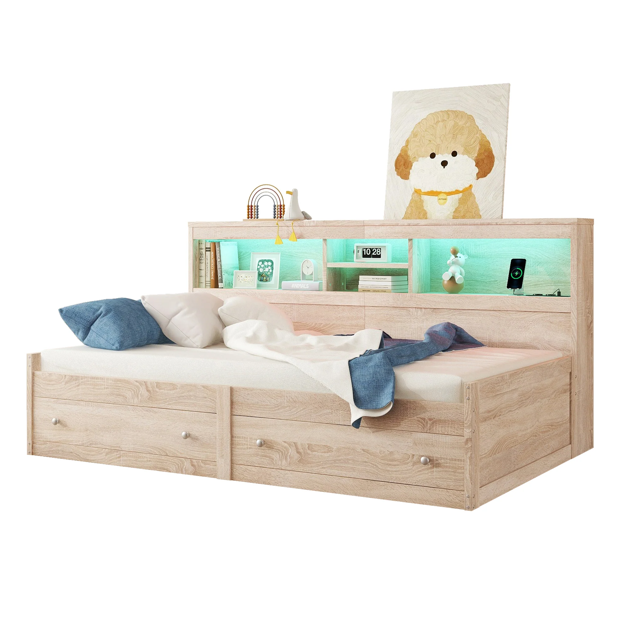Daybed Sofa Bed 90x200cm Nightstand USB Charging Ambient Lighting 2 Drawers Chipboard Natural - Image 7