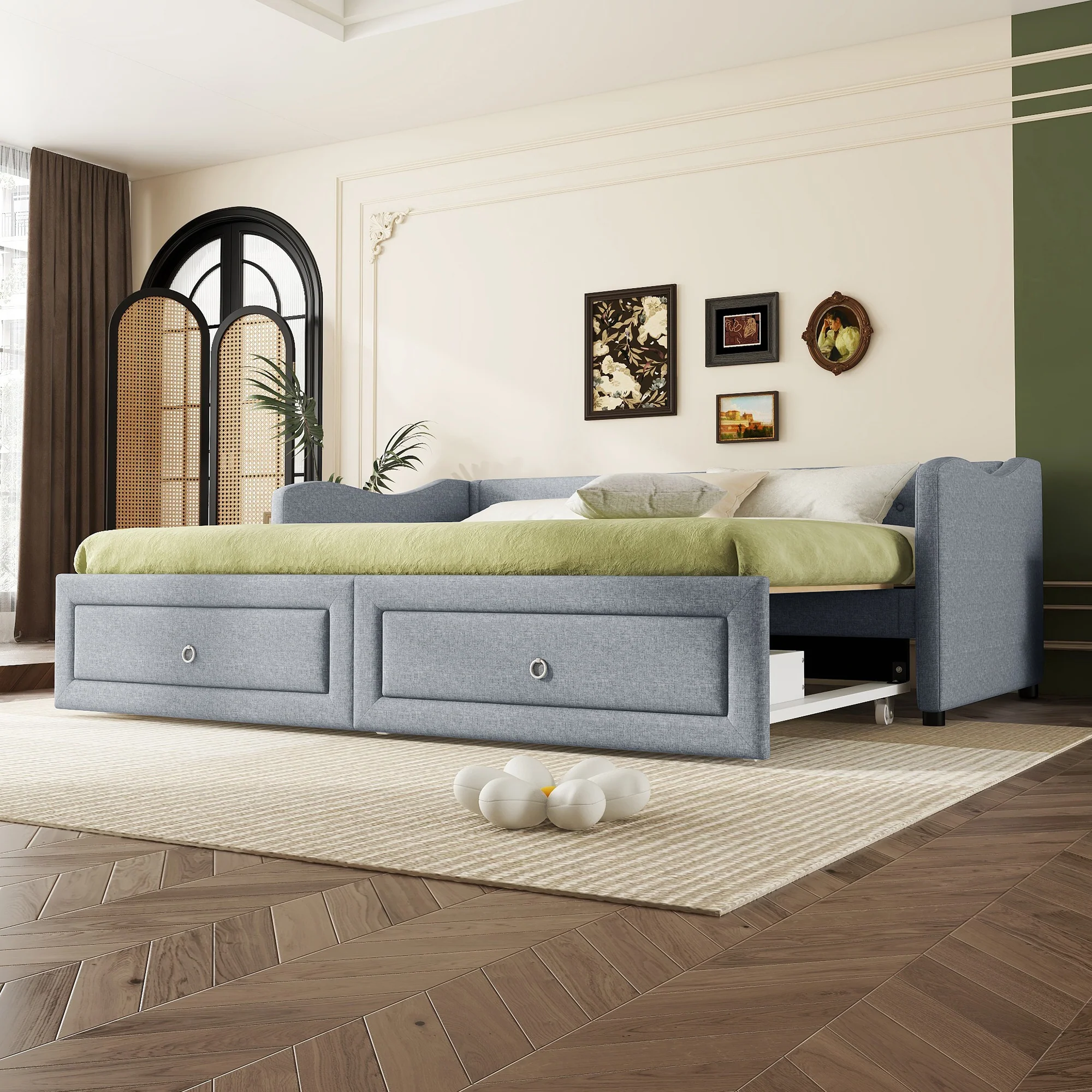 Daybed Sofa Bed 90x200cm Pull-out Bed 2 Drawers - Linen Grey - Image 2