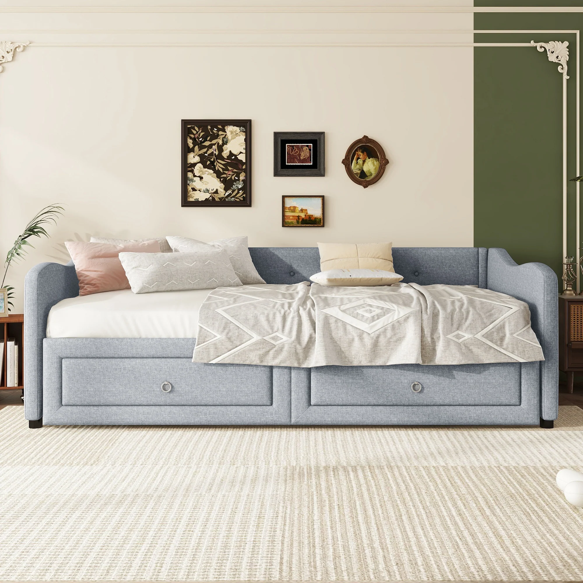 Daybed Sofa Bed 90x200cm Pull-out Bed 2 Drawers - Linen Grey - Image 3