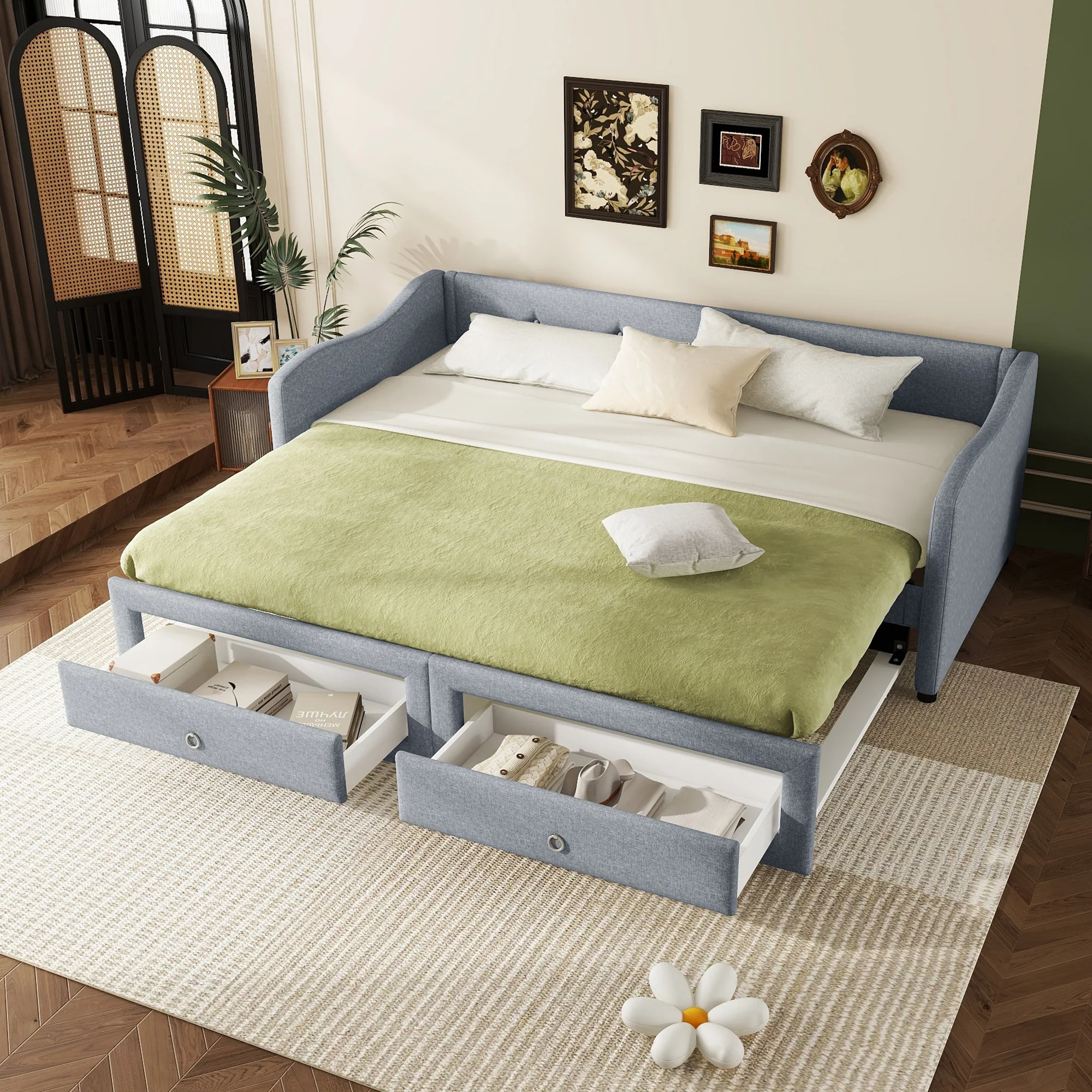 Daybed Sofa Bed 90x200cm Pull-out Bed 2 Drawers - Linen Grey - Image 4