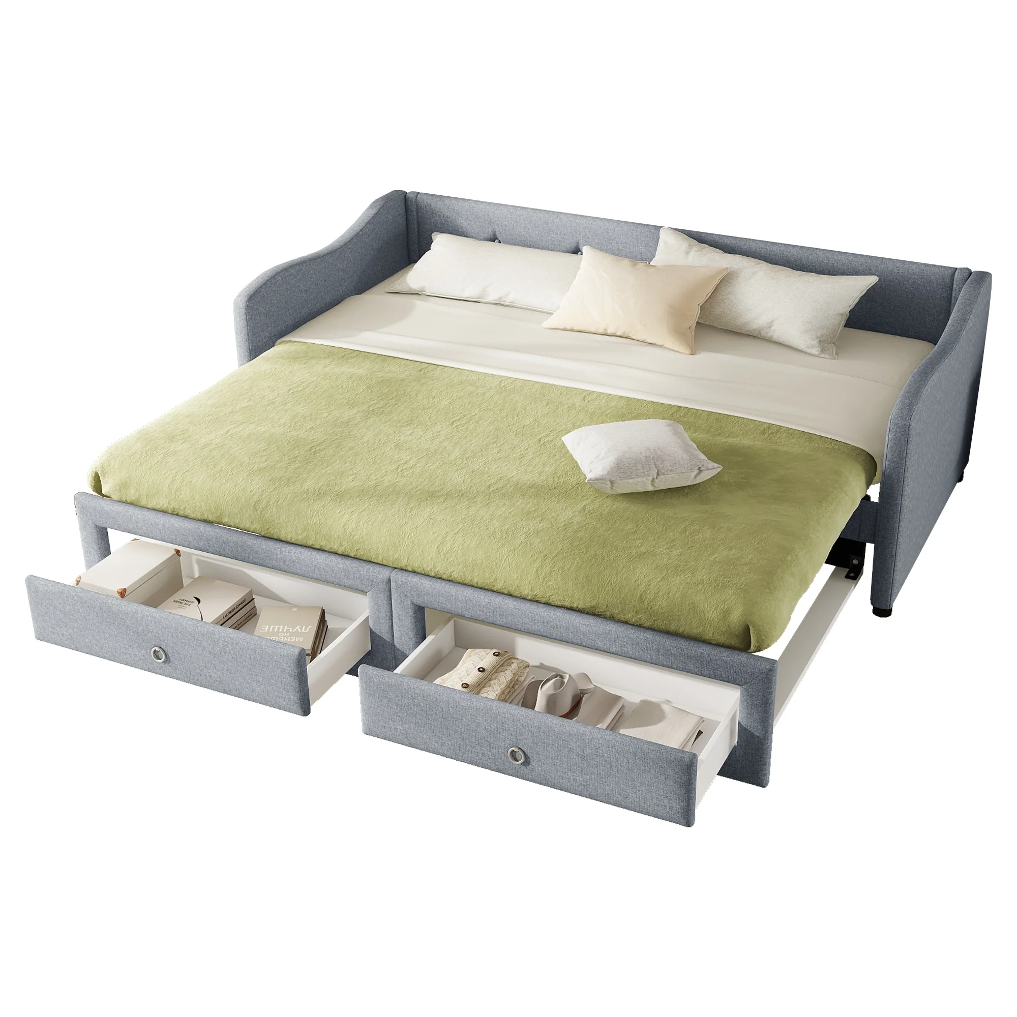 Daybed Sofa Bed 90x200cm Pull-out Bed 2 Drawers - Linen Grey - Image 5