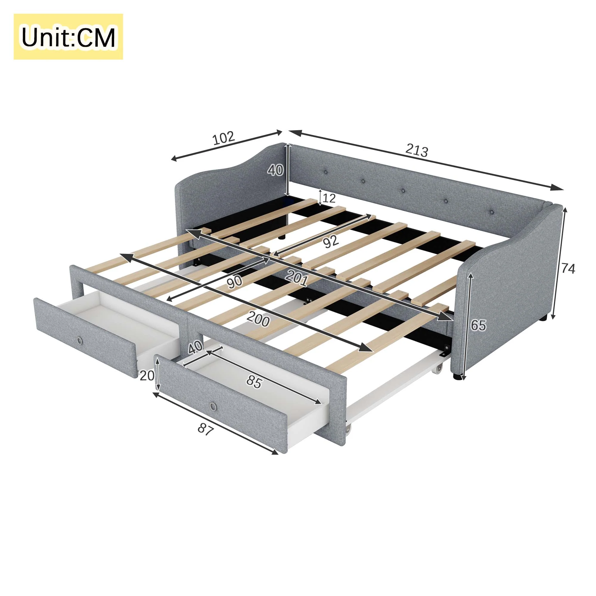 Daybed Sofa Bed 90x200cm Pull-out Bed 2 Drawers - Linen Grey - Image 7