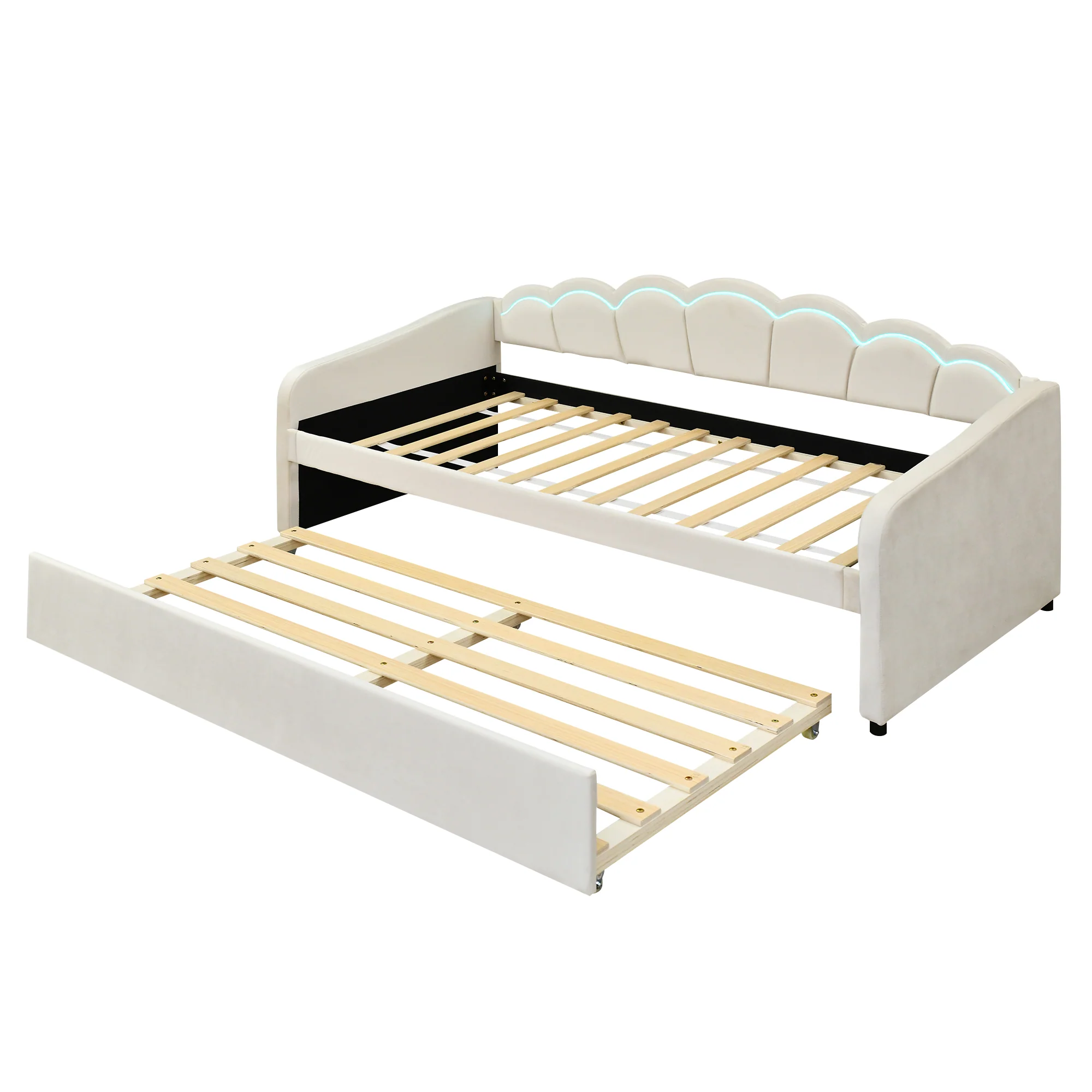 Daybed Sofa Bed 90x200cm Pull-out Bed Ambient Light Remote - Velvet Beige - Image 10