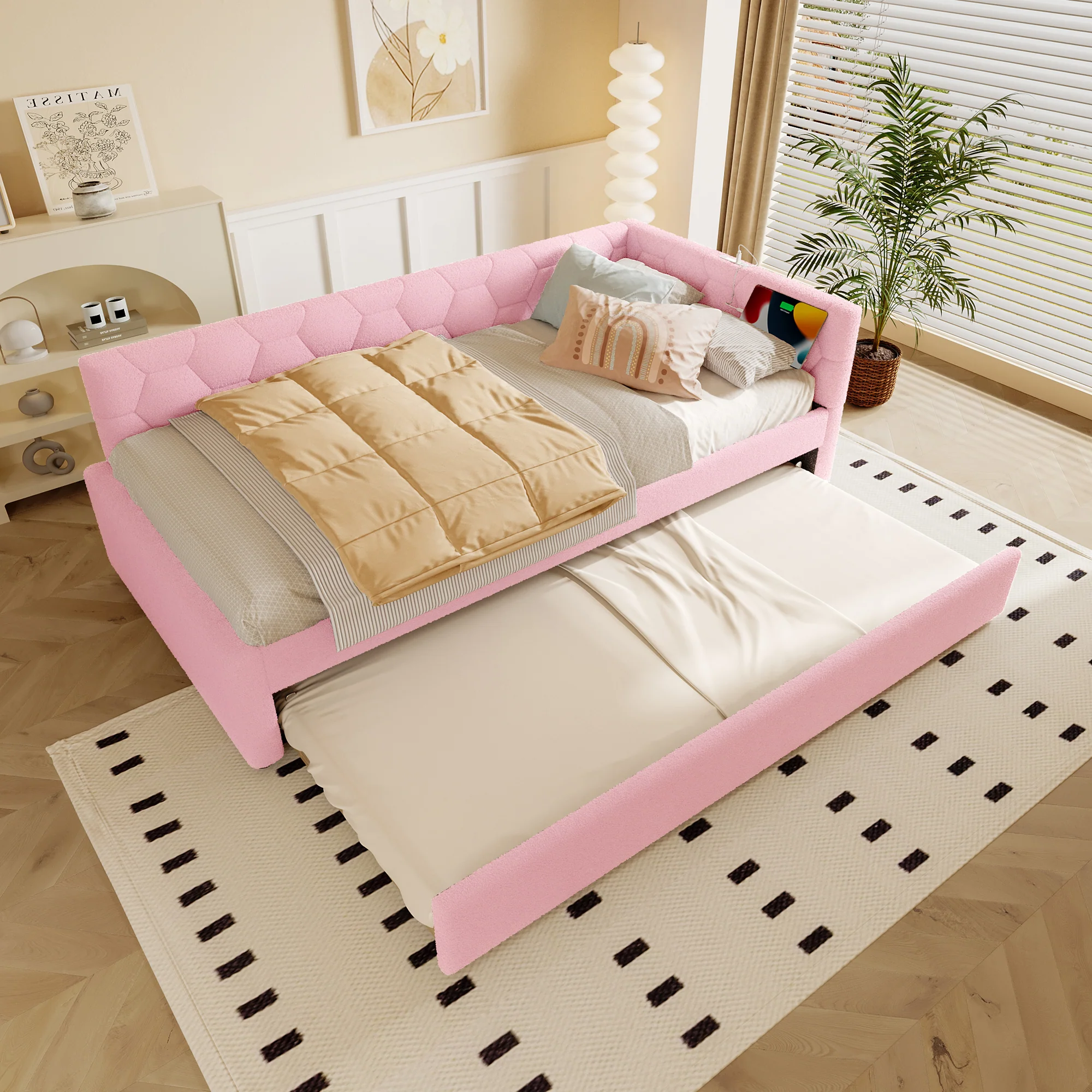 Daybed Sofa Bed 90x200cm Pull-Out Bed Bedside Lamp USB/Type-C Pink Fleece Imitation - Image 5