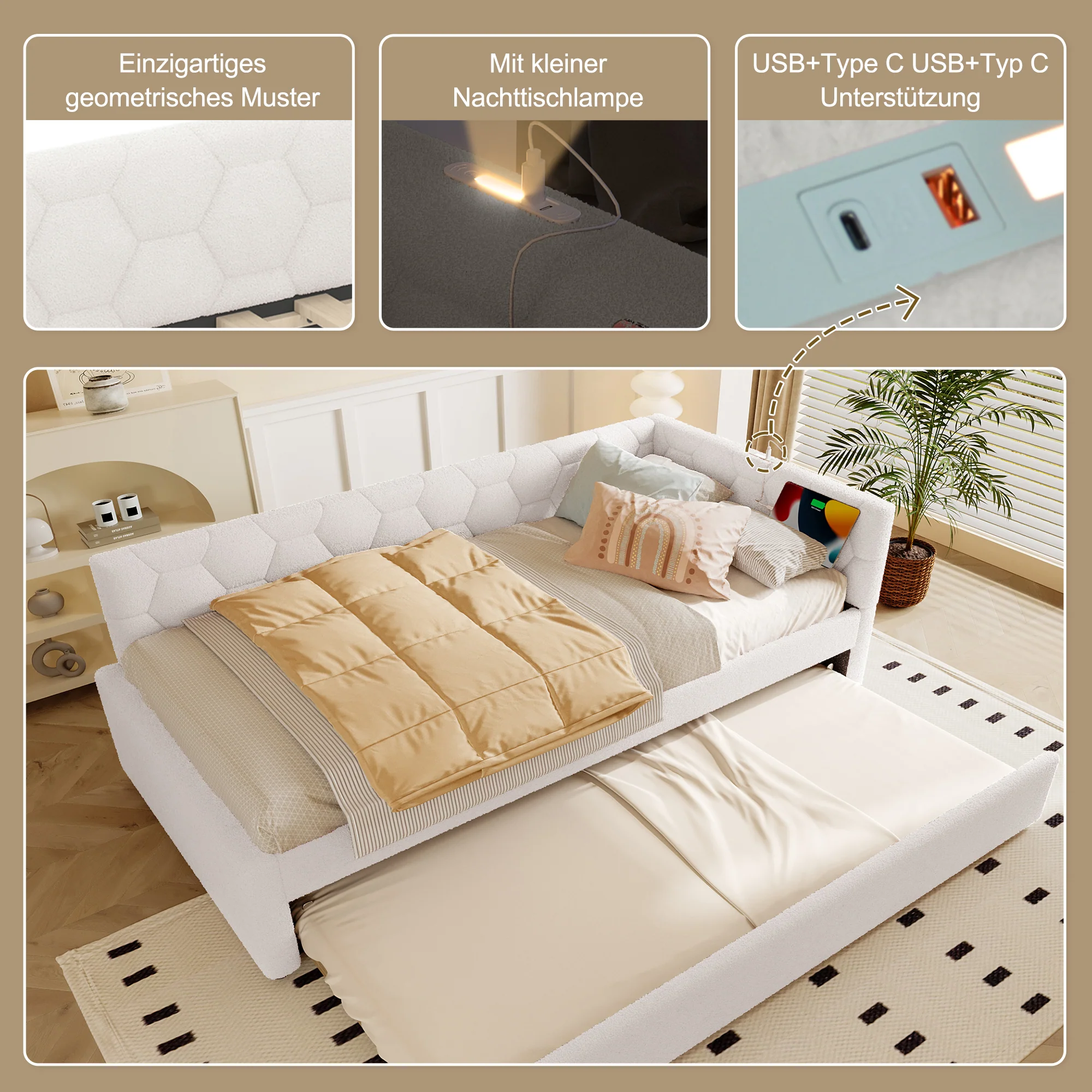 Daybed Sofa Bed 90x200cm Pull-Out Bed Lamp USB/Type-C - Fleece Imitation White - Image 2