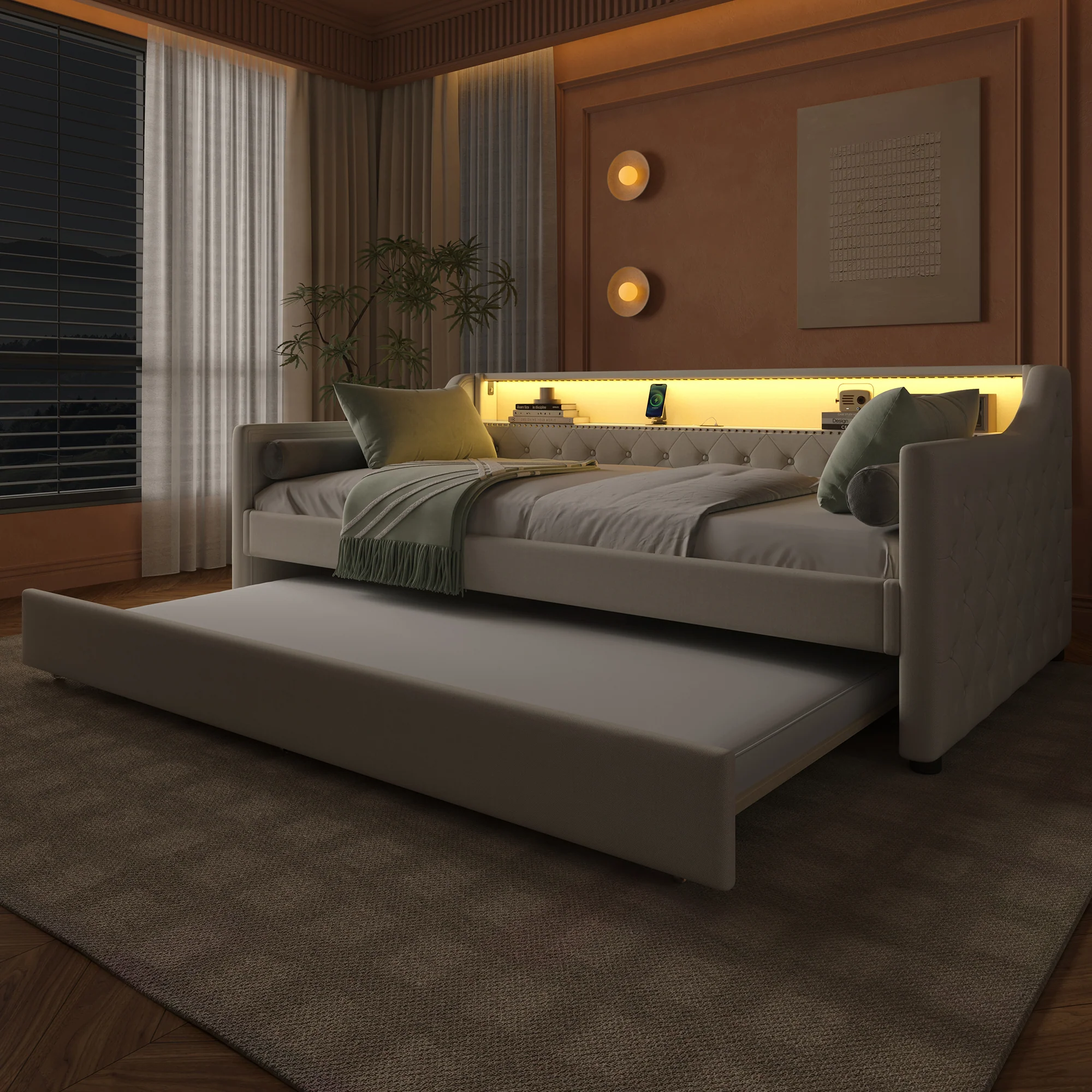 Daybed Sofa Bed 90x200cm Pull-out Bed LED Light USB Charging - Linen Beige - Image 5