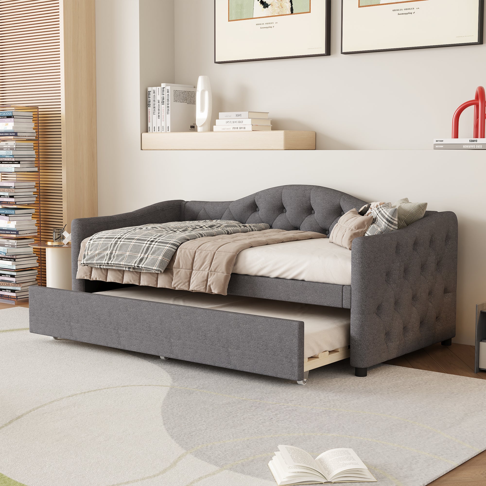 Daybed Sofa Bed 90x200cm Pull-out Bed Minimalist - Linen Grey - Image 3