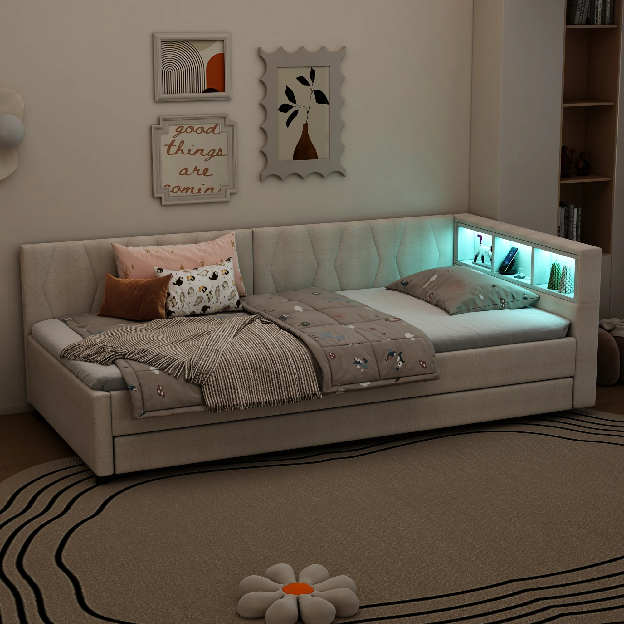 Daybed Sofa Bed 90x200cm Pull-out Bed Storage LED USB/Type-C - Linen Beige - Image 6