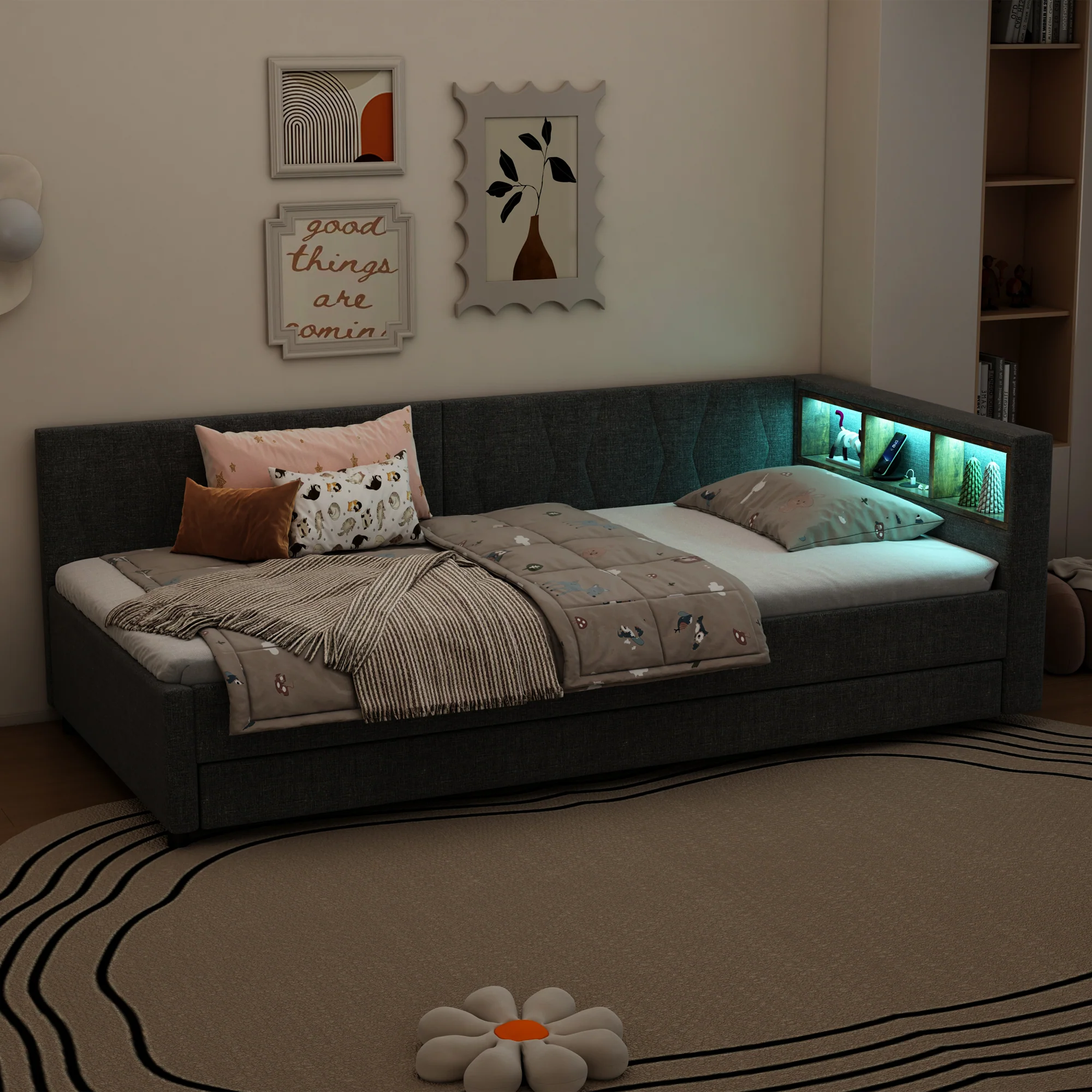Daybed Sofa Bed 90x200cm Pull-out Bed Storage LED USB/Type-C - Linen Grey - Image 6