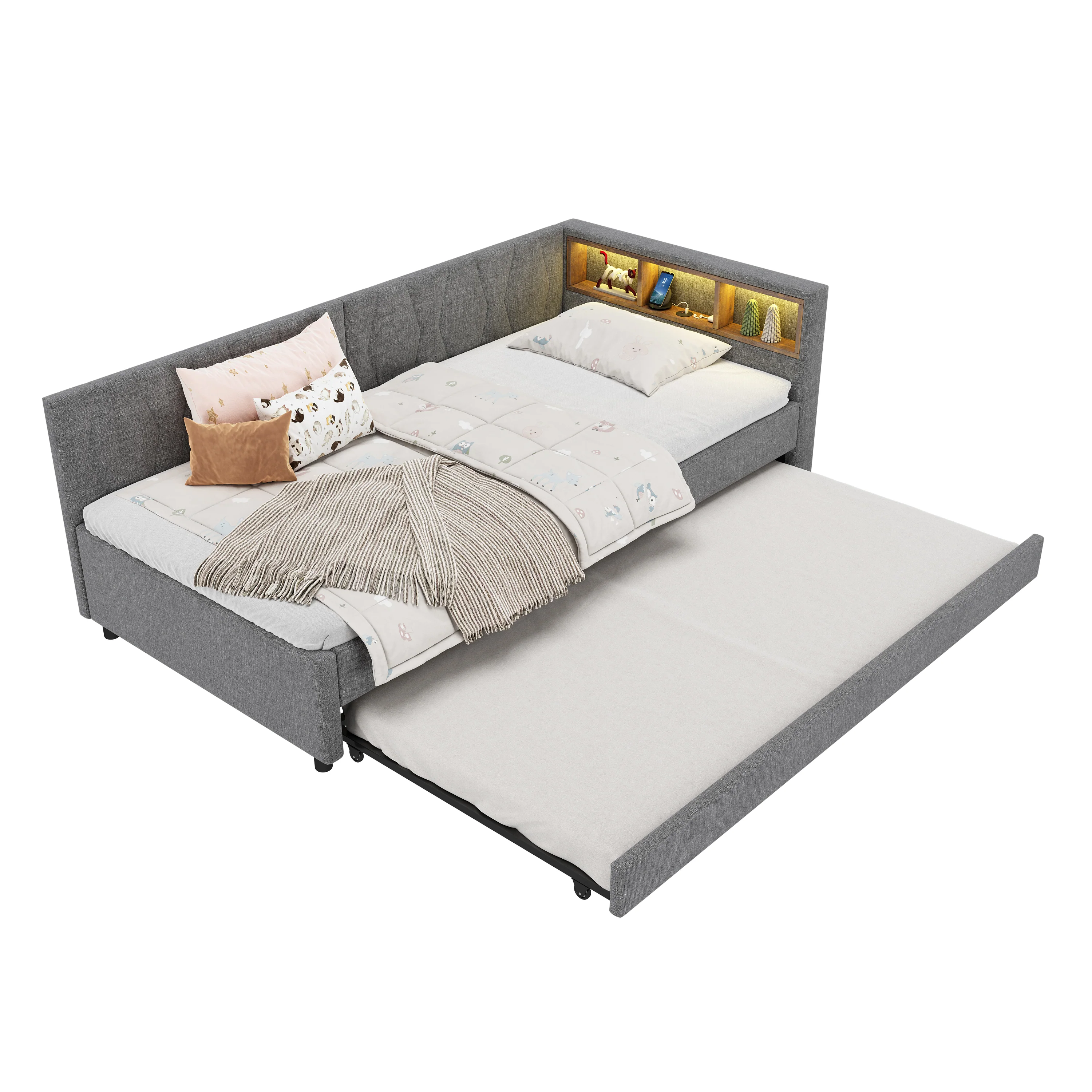 Daybed Sofa Bed 90x200cm Pull-out Bed Storage LED USB/Type-C - Linen Grey - Image 8