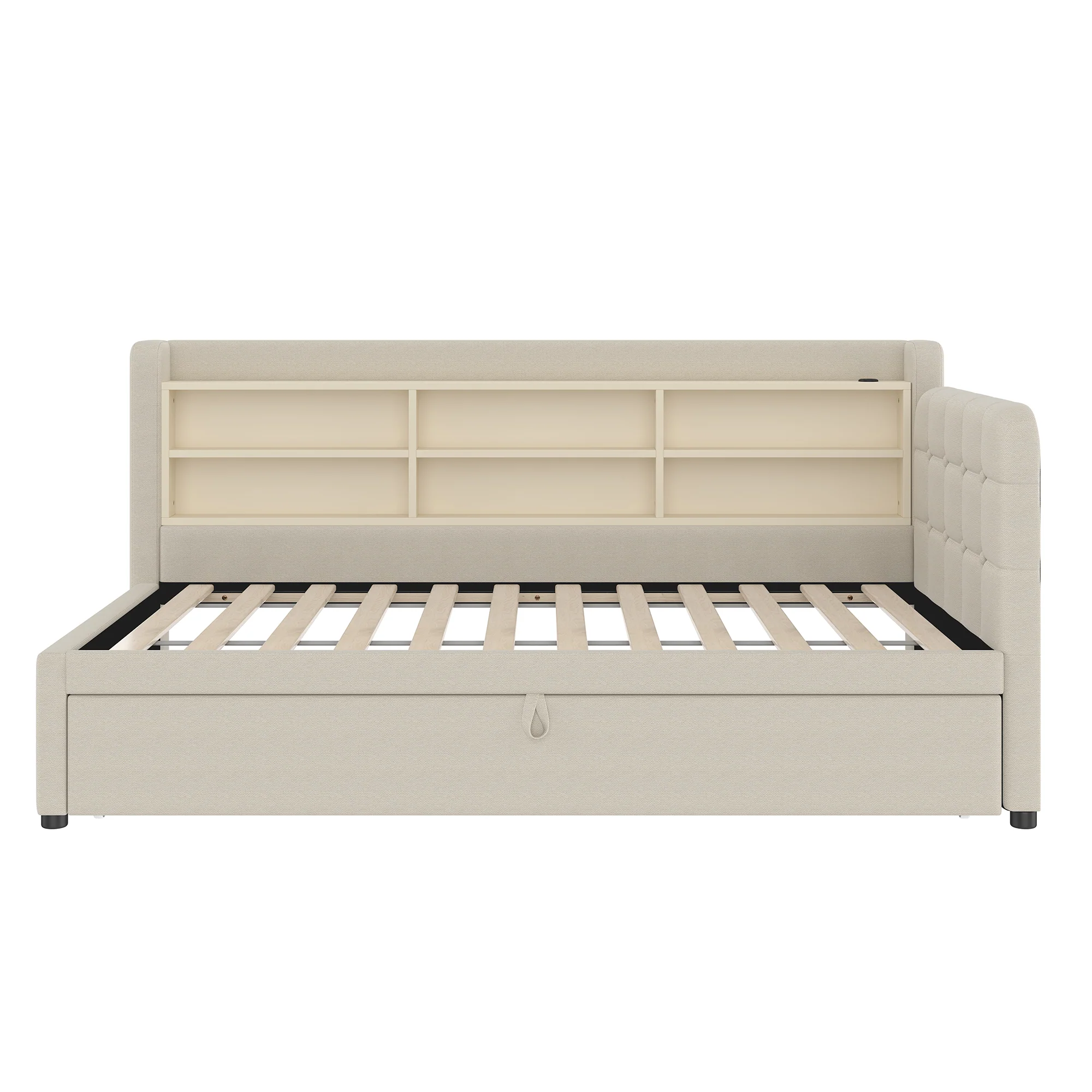 Daybed Sofa Bed 90x200cm Pull-out Bed USB/Type-C Storage Shelves - Linen Beige - Image 10