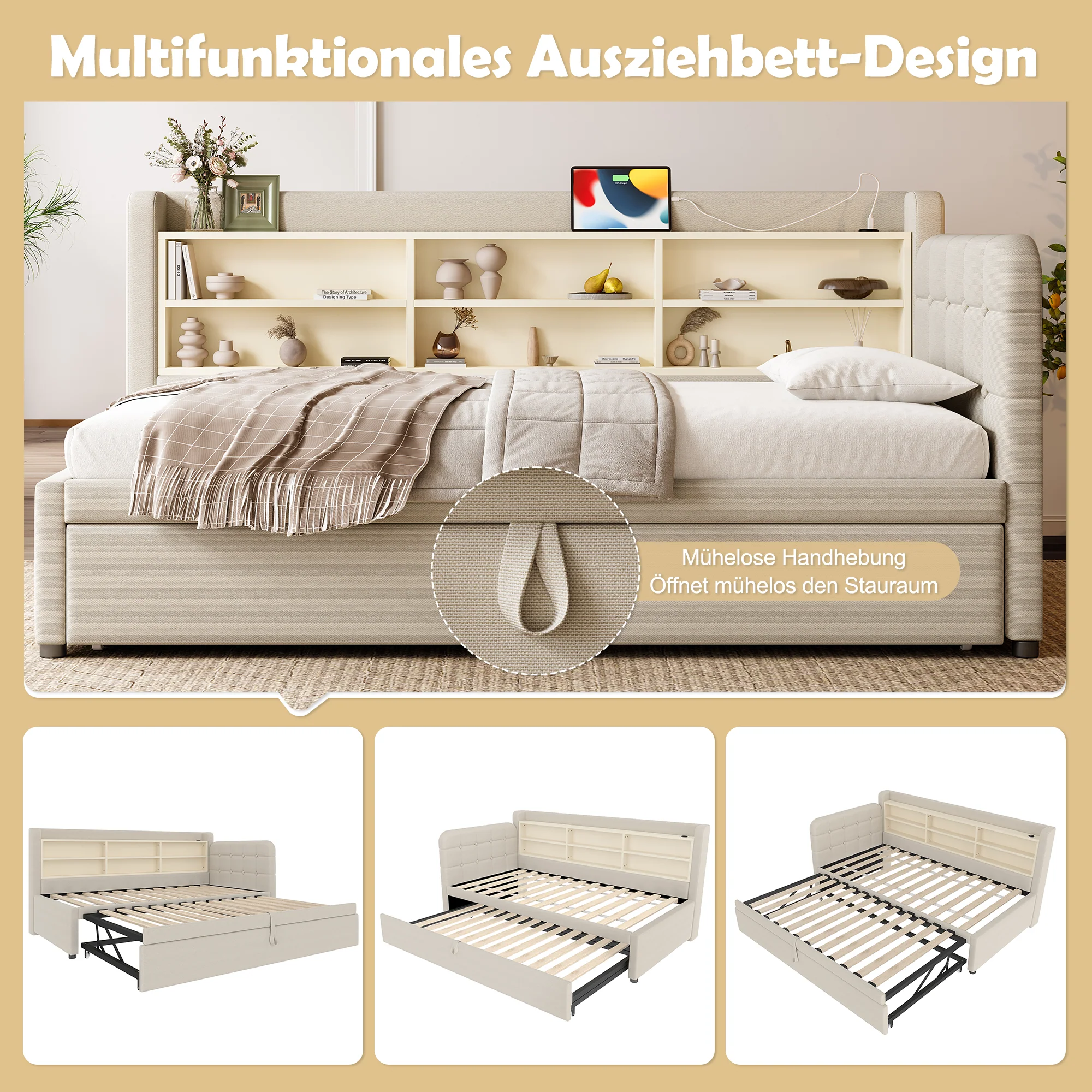 Daybed Sofa Bed 90x200cm Pull-out Bed USB/Type-C Storage Shelves - Linen Beige - Image 3