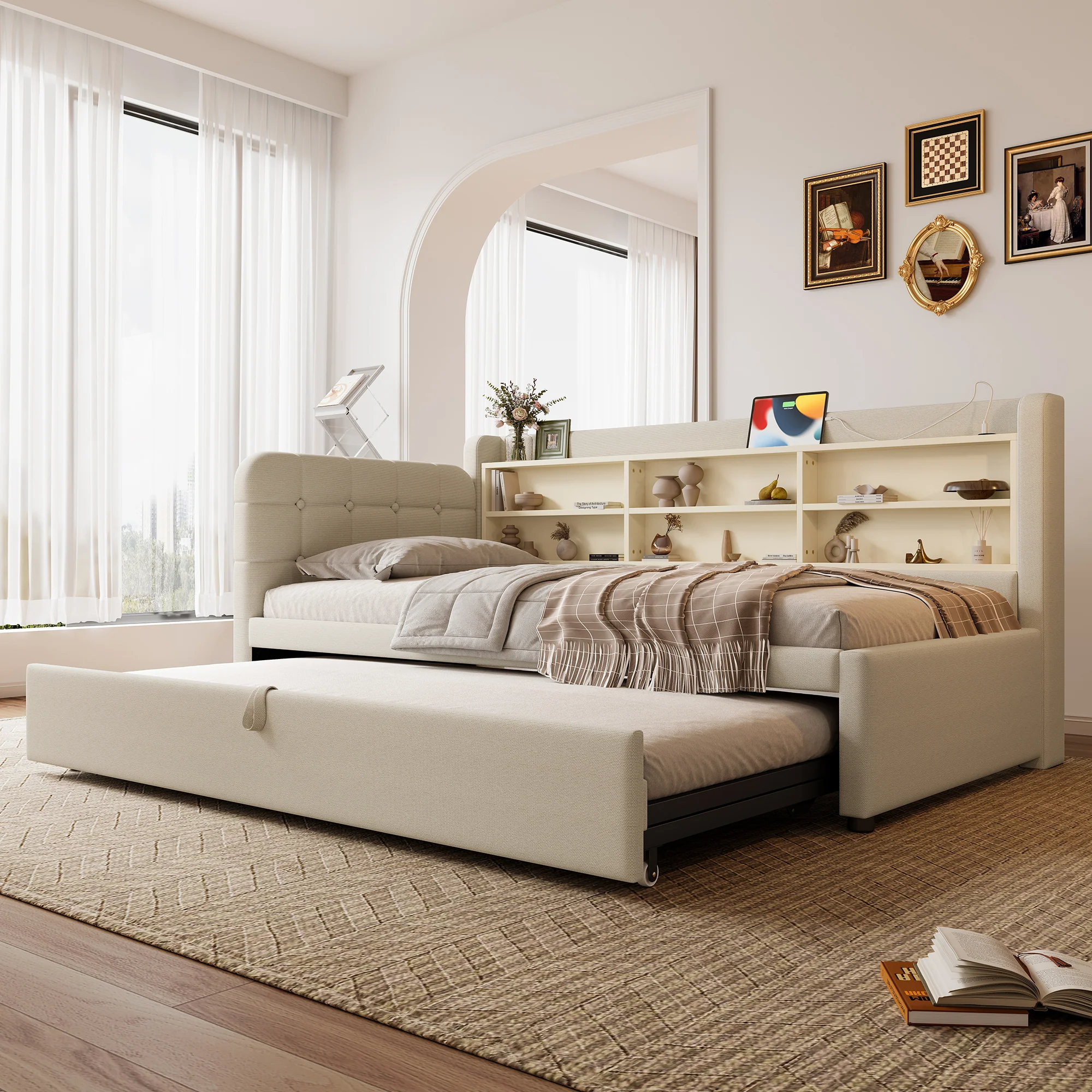 Daybed Sofa Bed 90x200cm Pull-out Bed USB/Type-C Storage Shelves - Linen Beige - Image 4