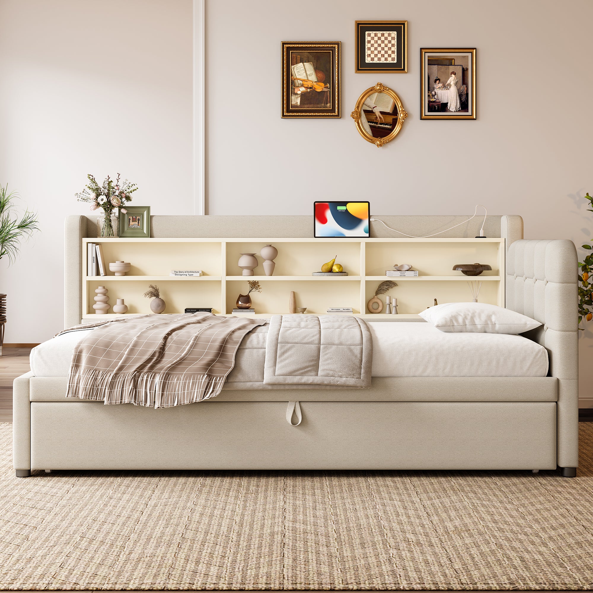 Daybed Sofa Bed 90x200cm Pull-out Bed USB/Type-C Storage Shelves - Linen Beige - Image 5