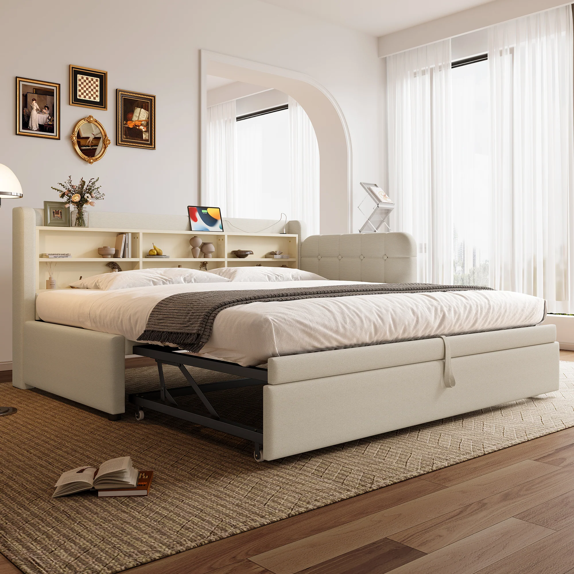 Daybed Sofa Bed 90x200cm Pull-out Bed USB/Type-C Storage Shelves - Linen Beige - Image 6