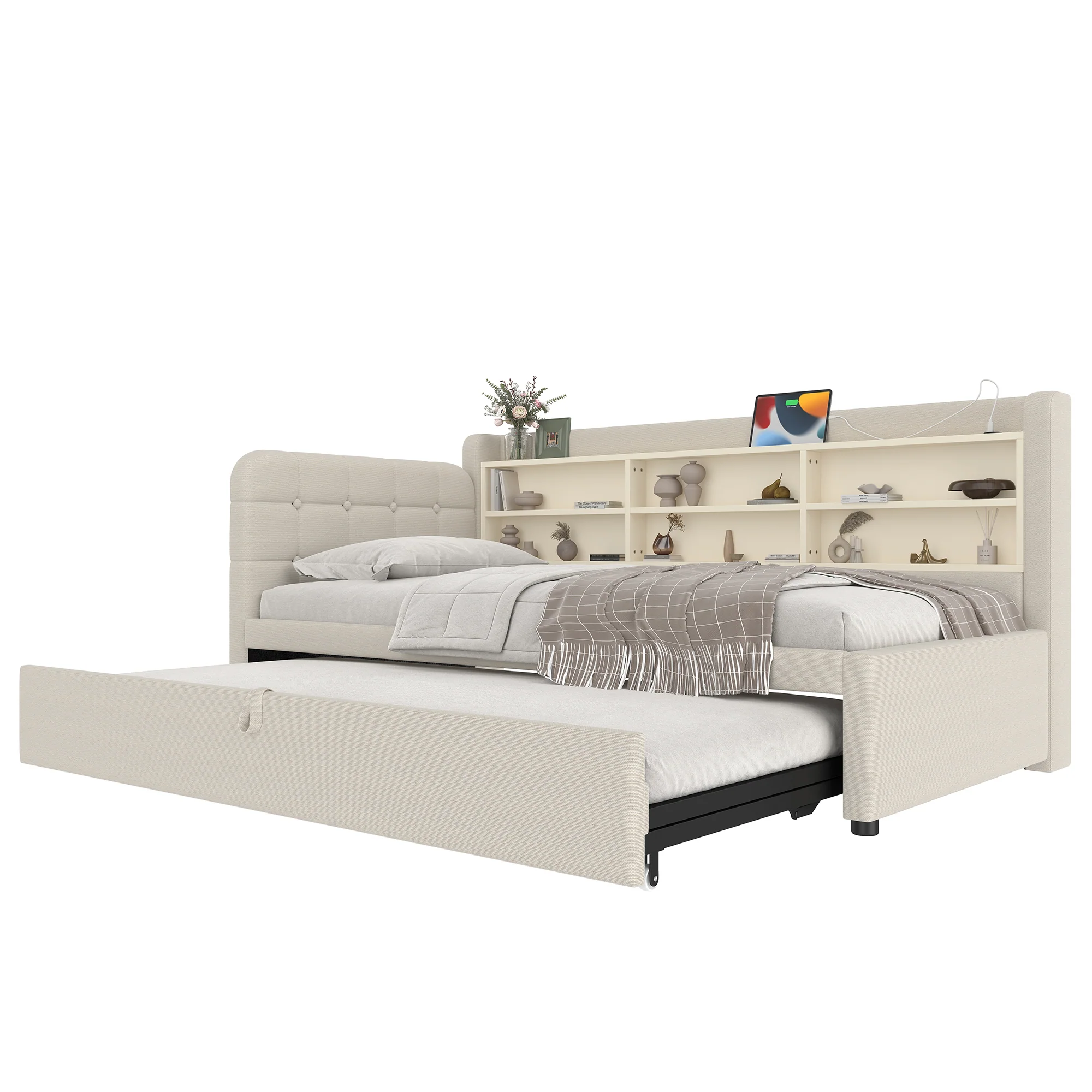 Daybed Sofa Bed 90x200cm Pull-out Bed USB/Type-C Storage Shelves - Linen Beige - Image 7